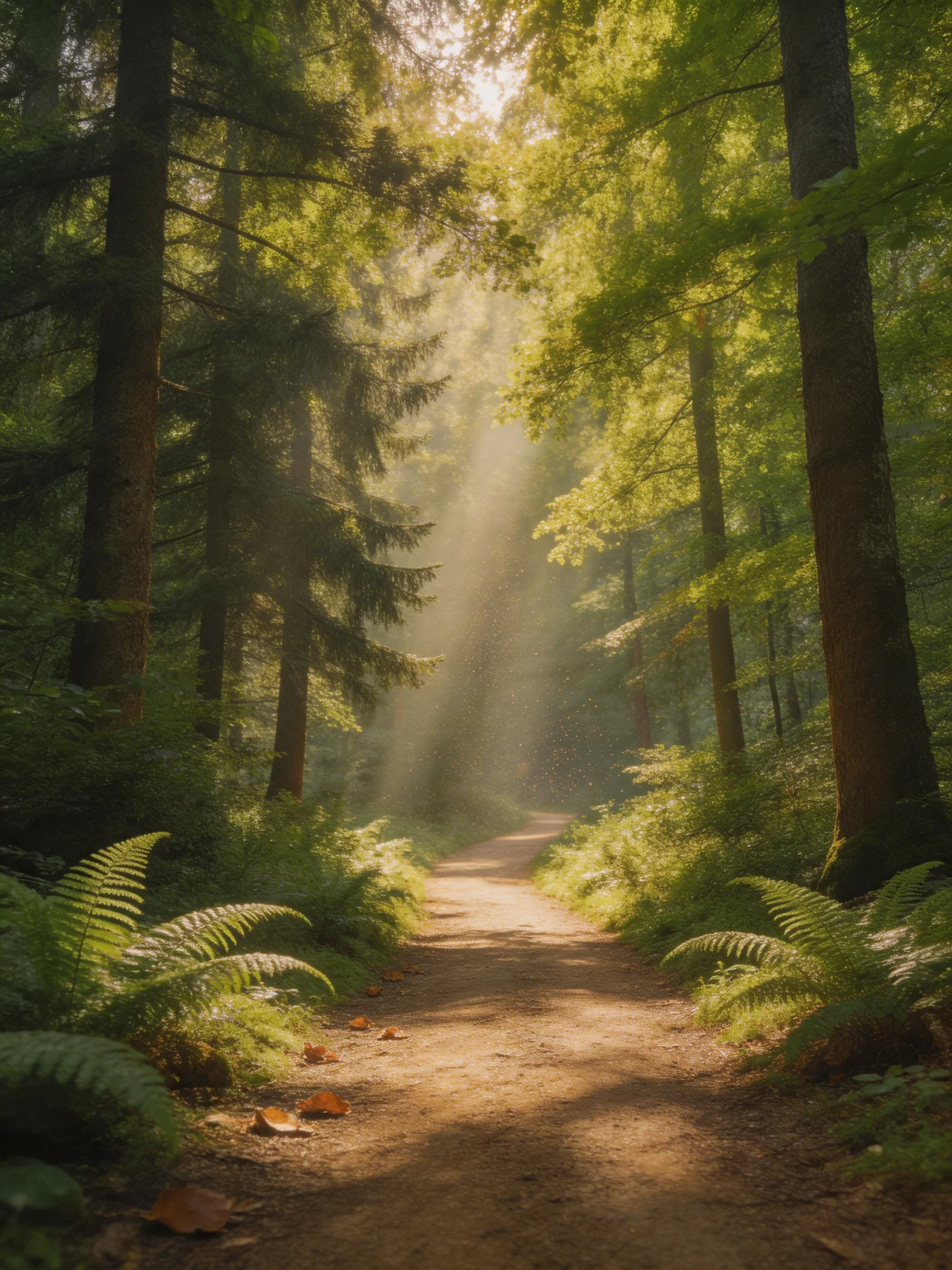 Sunlight streams through forest trees along a winding dirt path