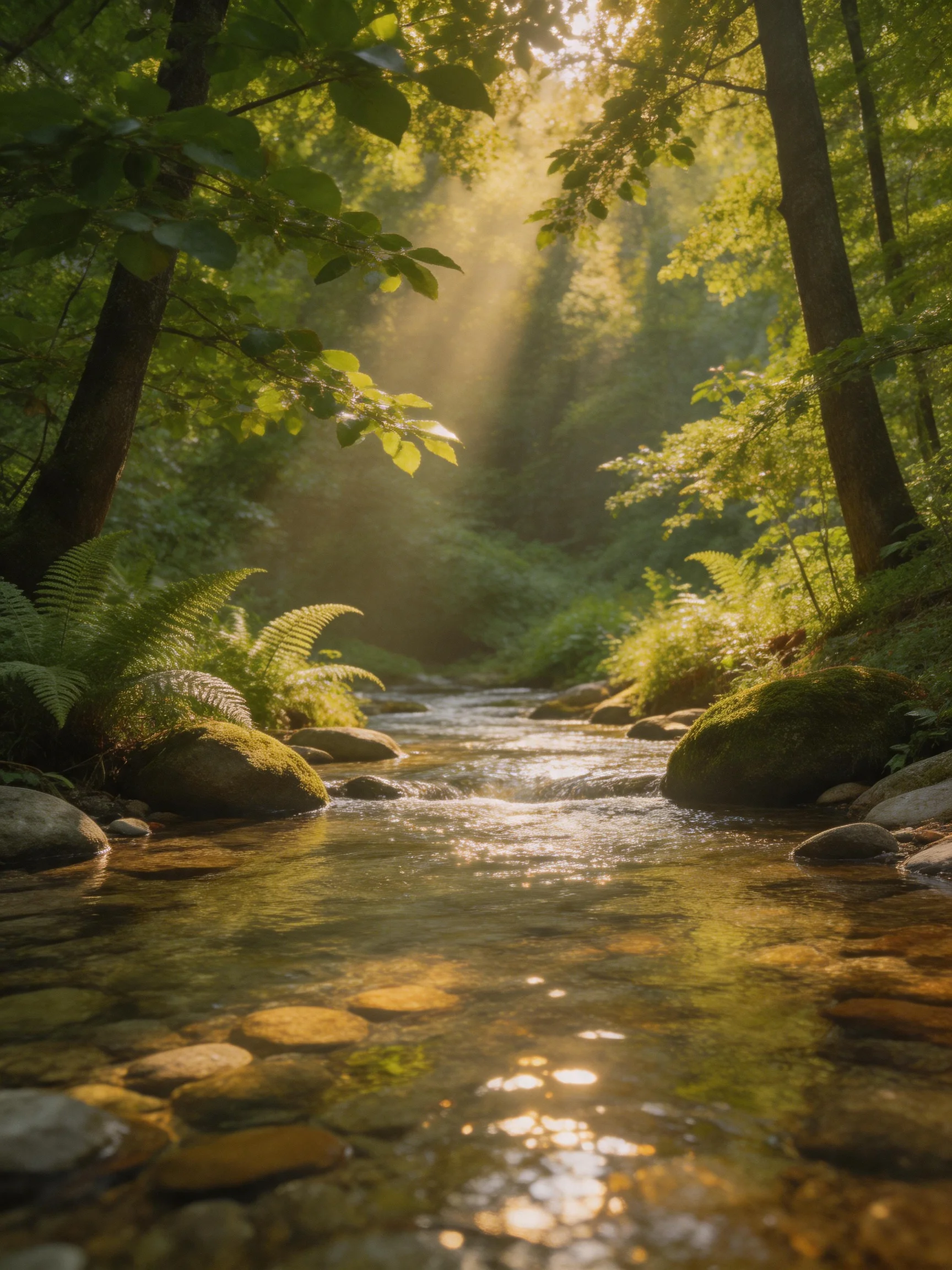 Sunlight streams through lush forest over a clear rocky stream