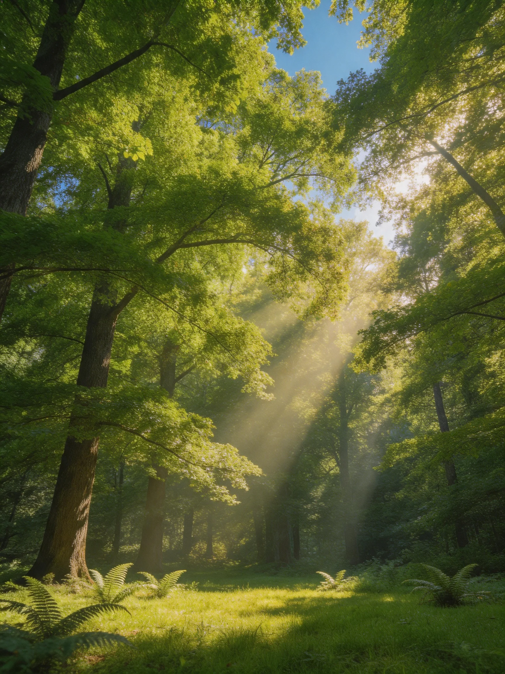 Sunlight streams through lush green forest canopy