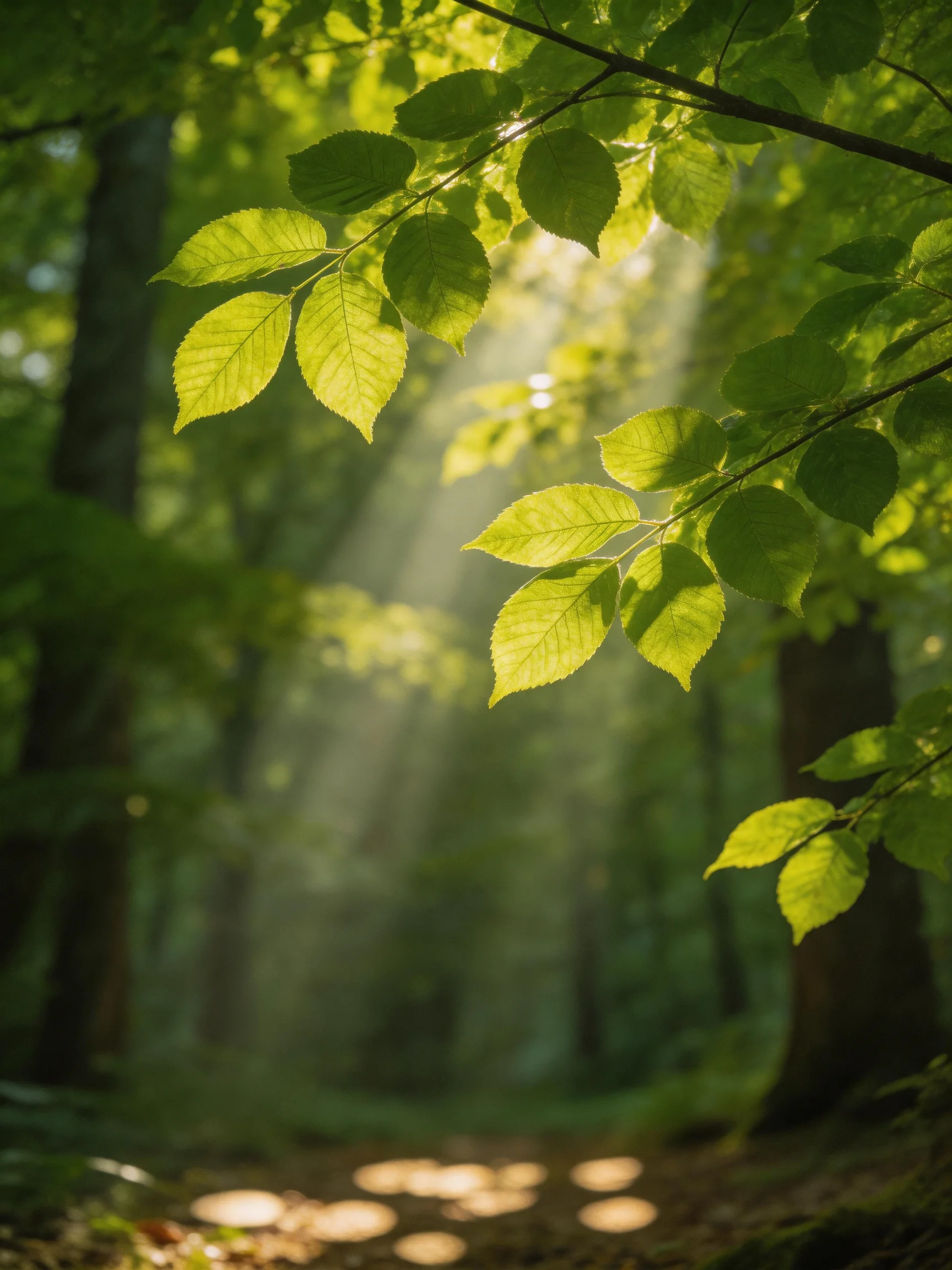 Sunlight streams through lush green leaves in a peaceful forest