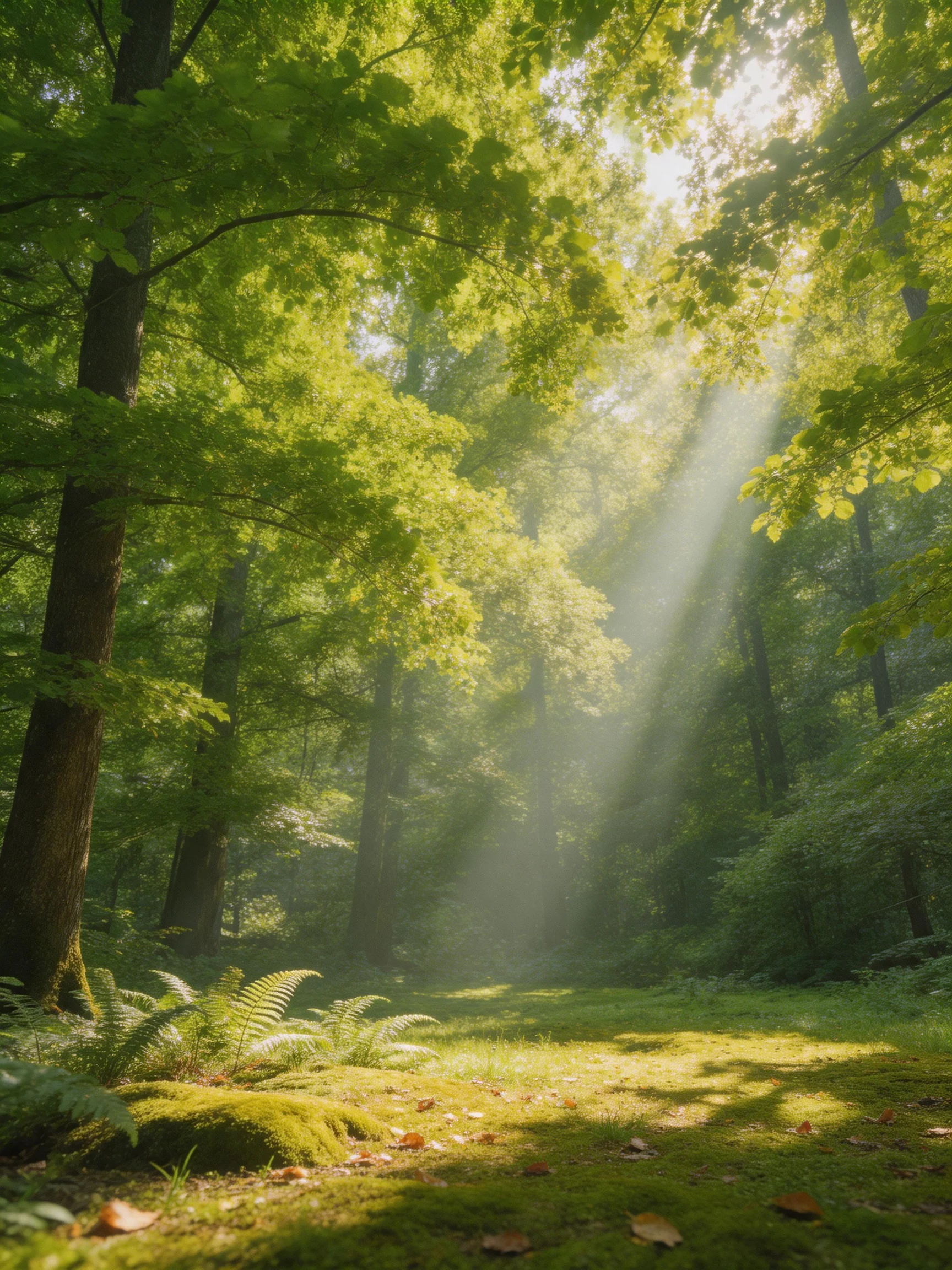 Sunlight streams through lush green trees into a mossy forest clearing