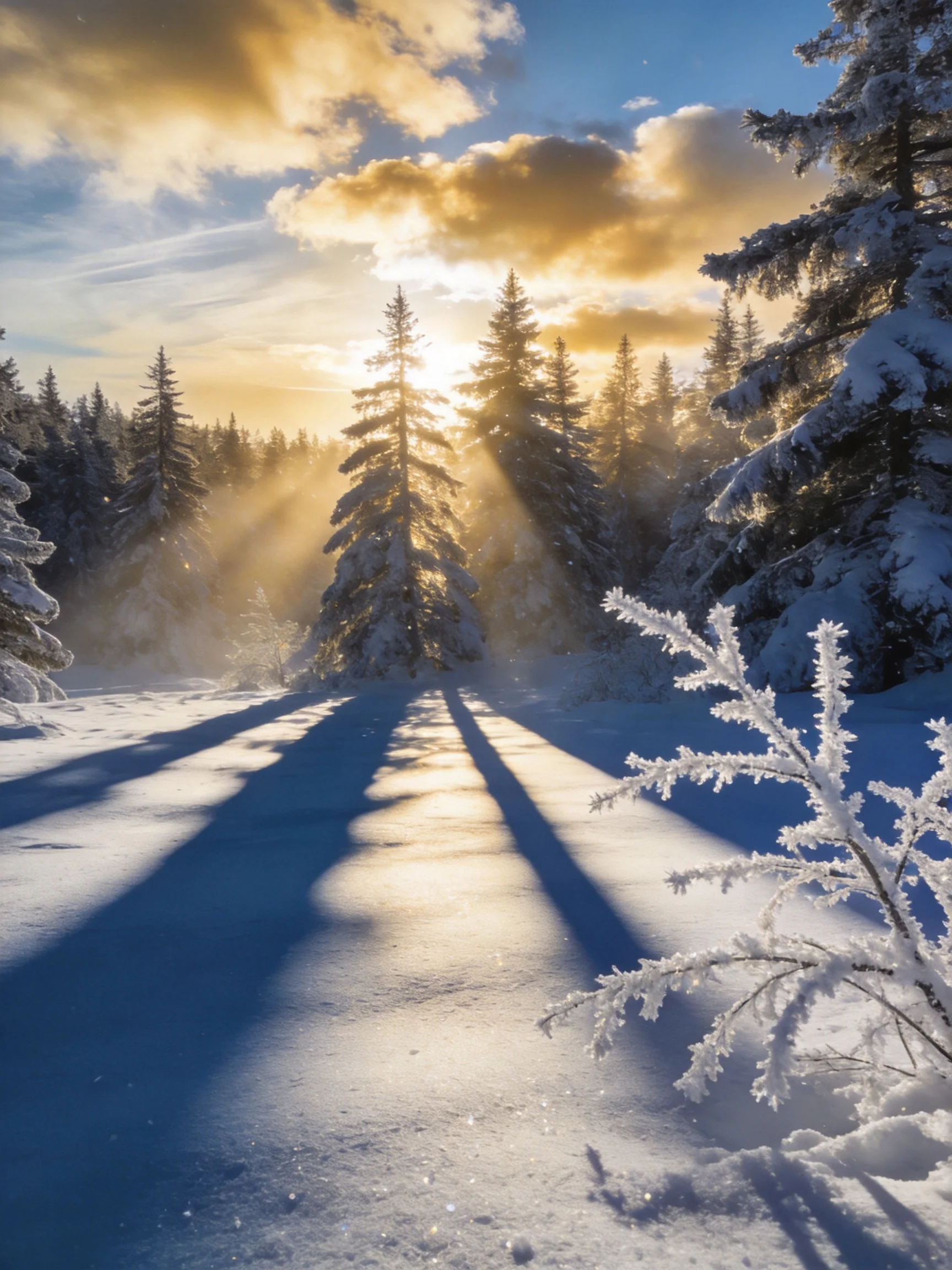 Sunlight streams through snowy forest trees in golden hues