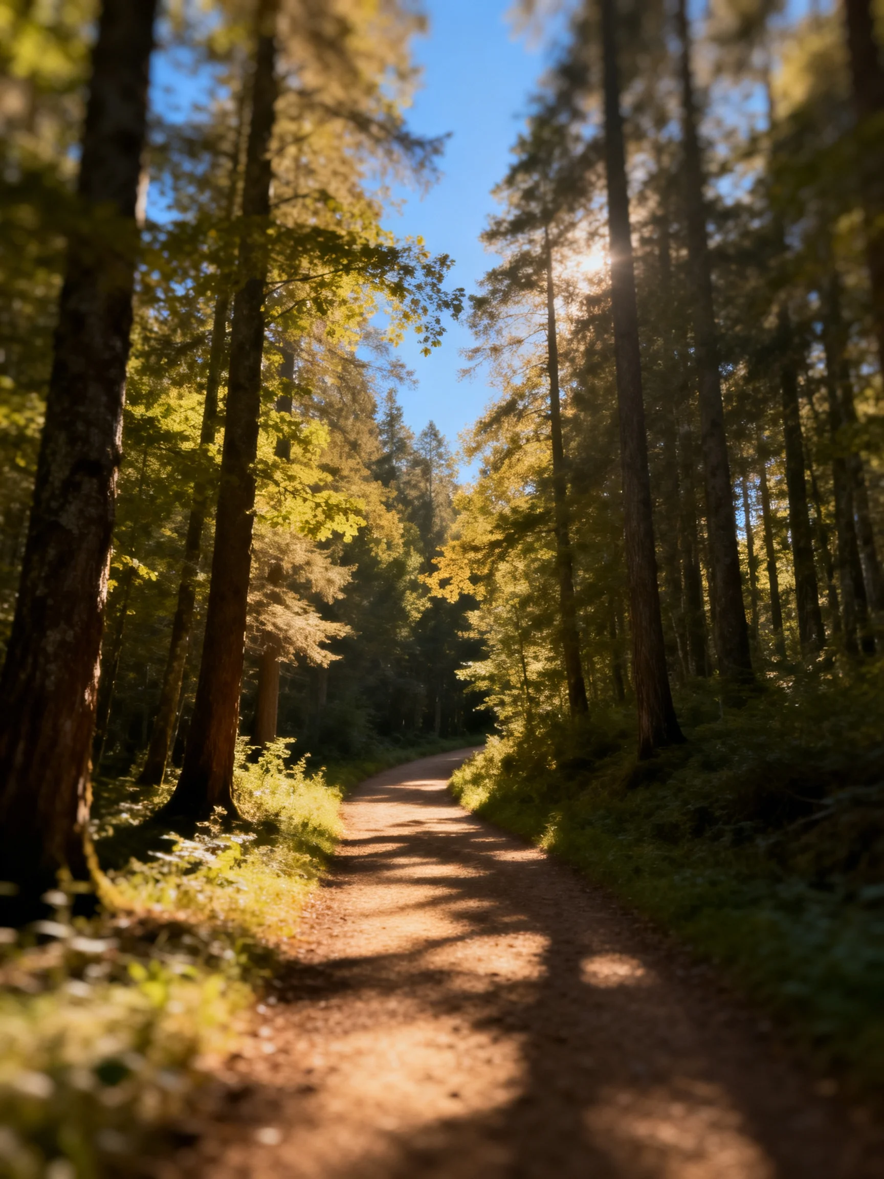 Sunlight streams through tall evergreen trees along a forest path