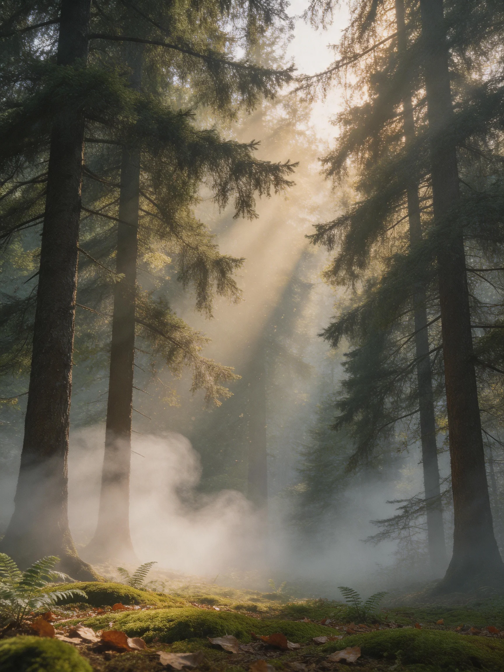 Sunlight streams through tall evergreen trees amid morning mist