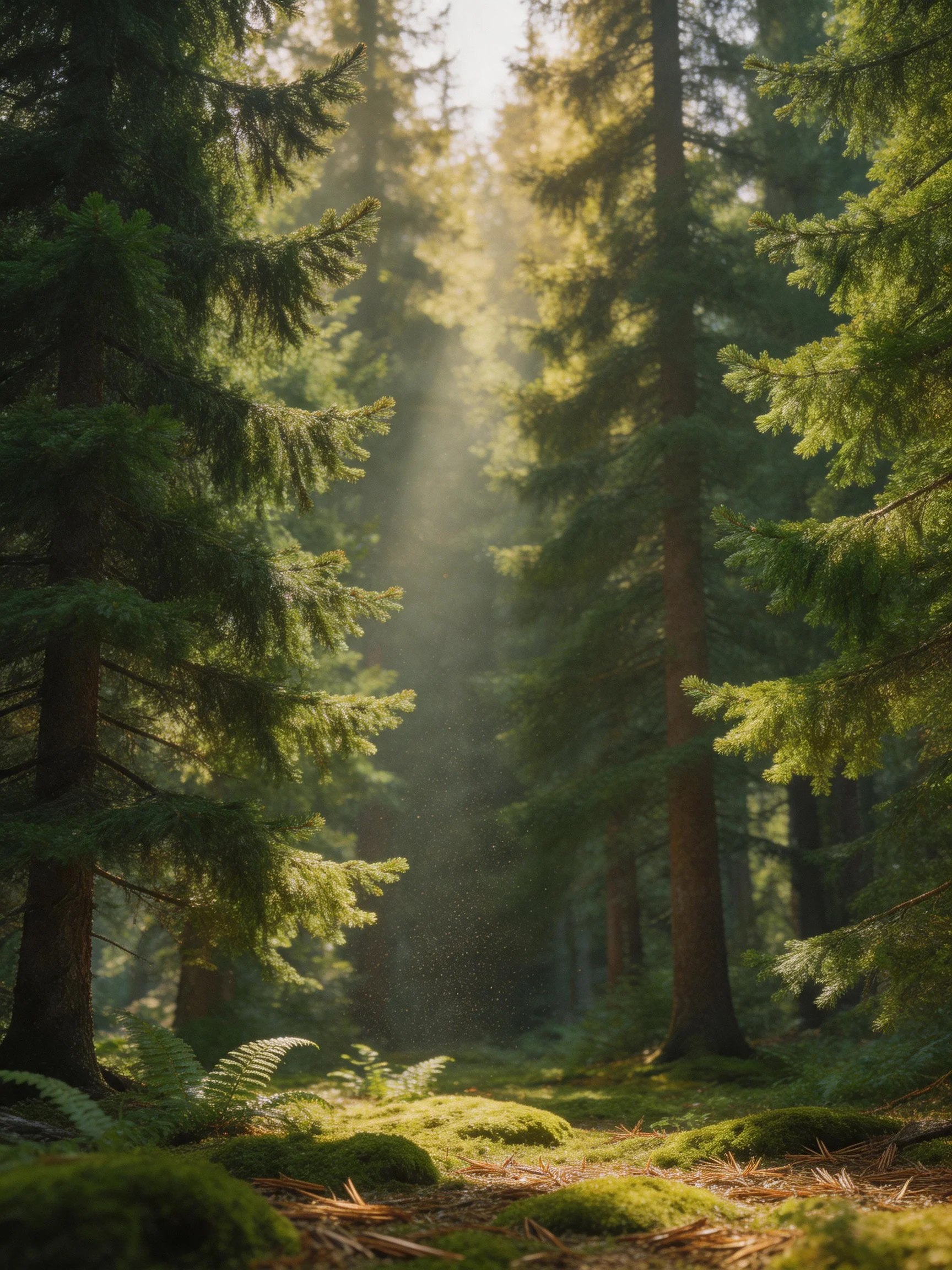 Sunlight streams through tall evergreen trees in a lush forest clearing.