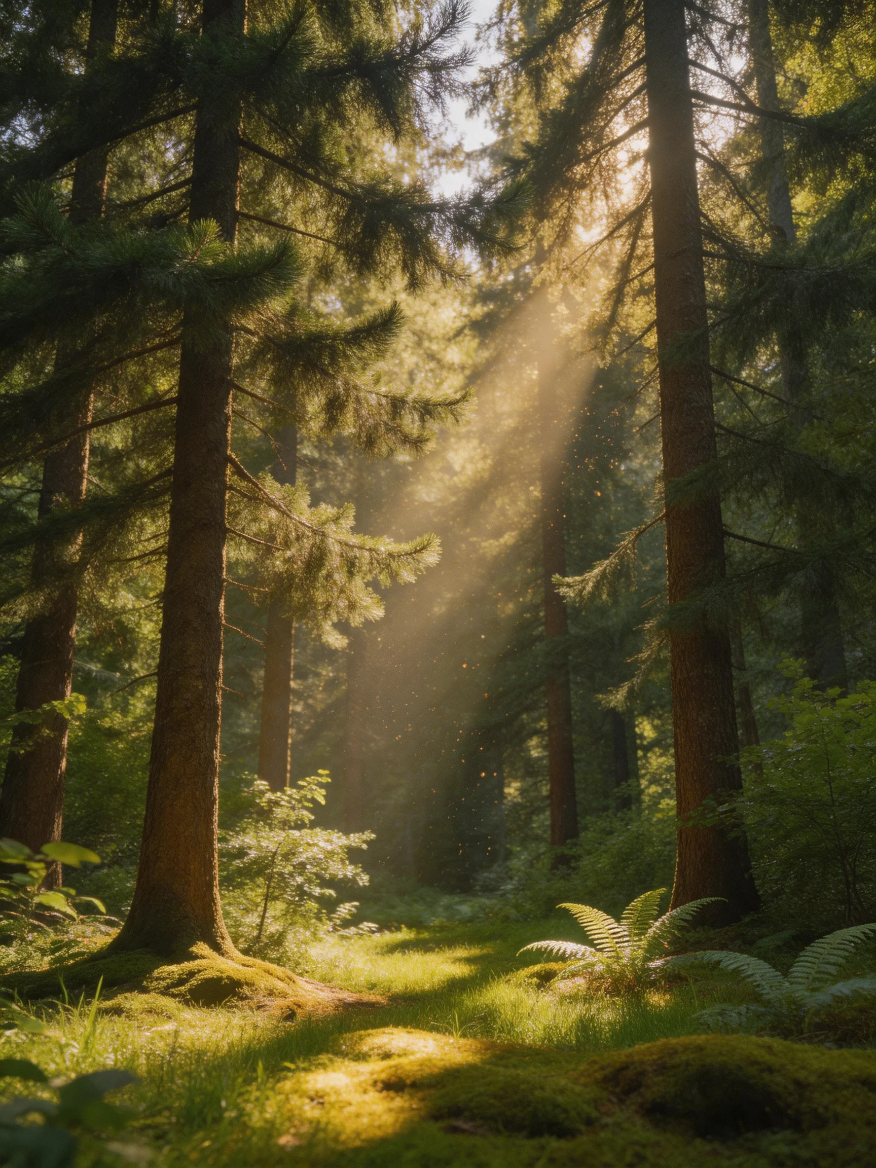 Sunlight streams through tall evergreen trees in a lush forest