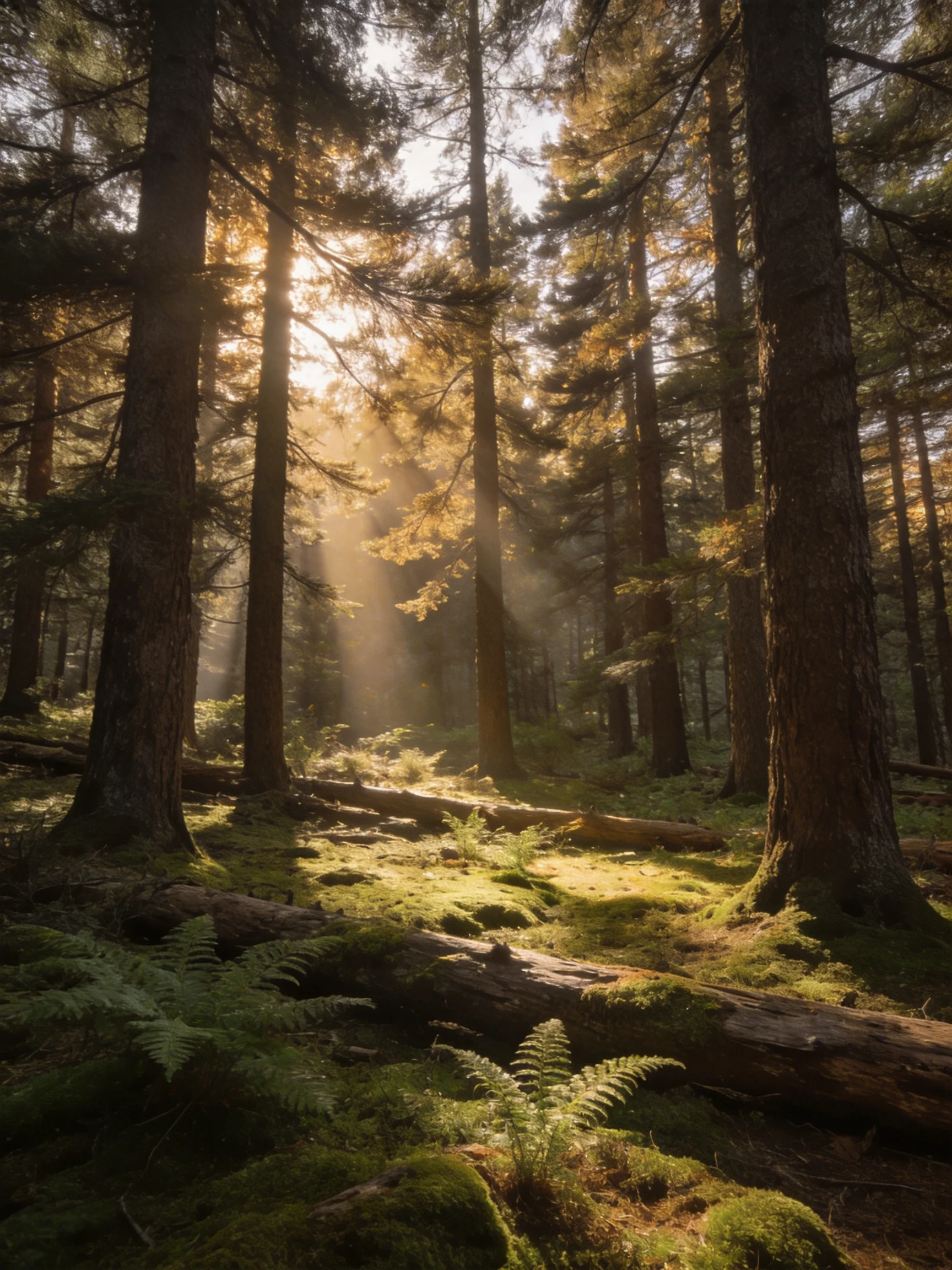 Sunlight streams through tall evergreen trees in a lush, mossy forest