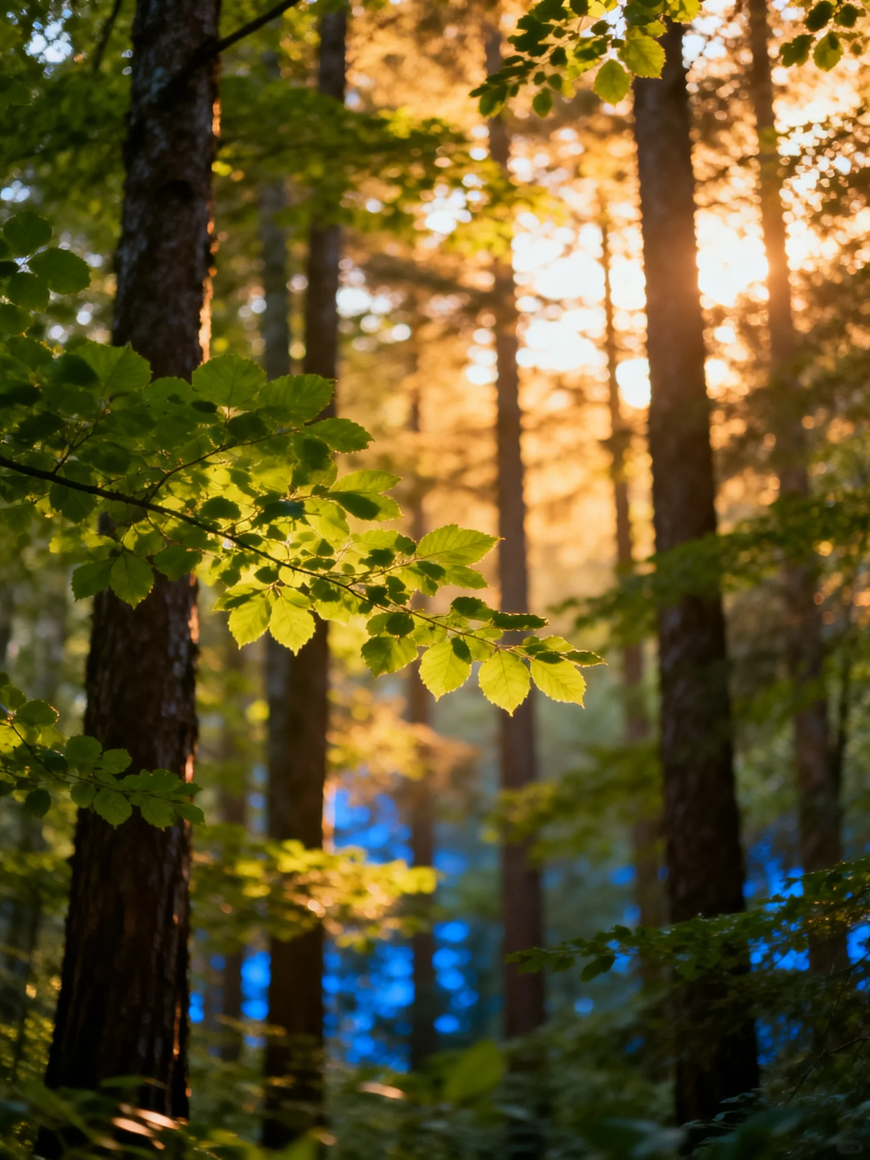 Sunlight streams through tall forest trees with lush green foliage