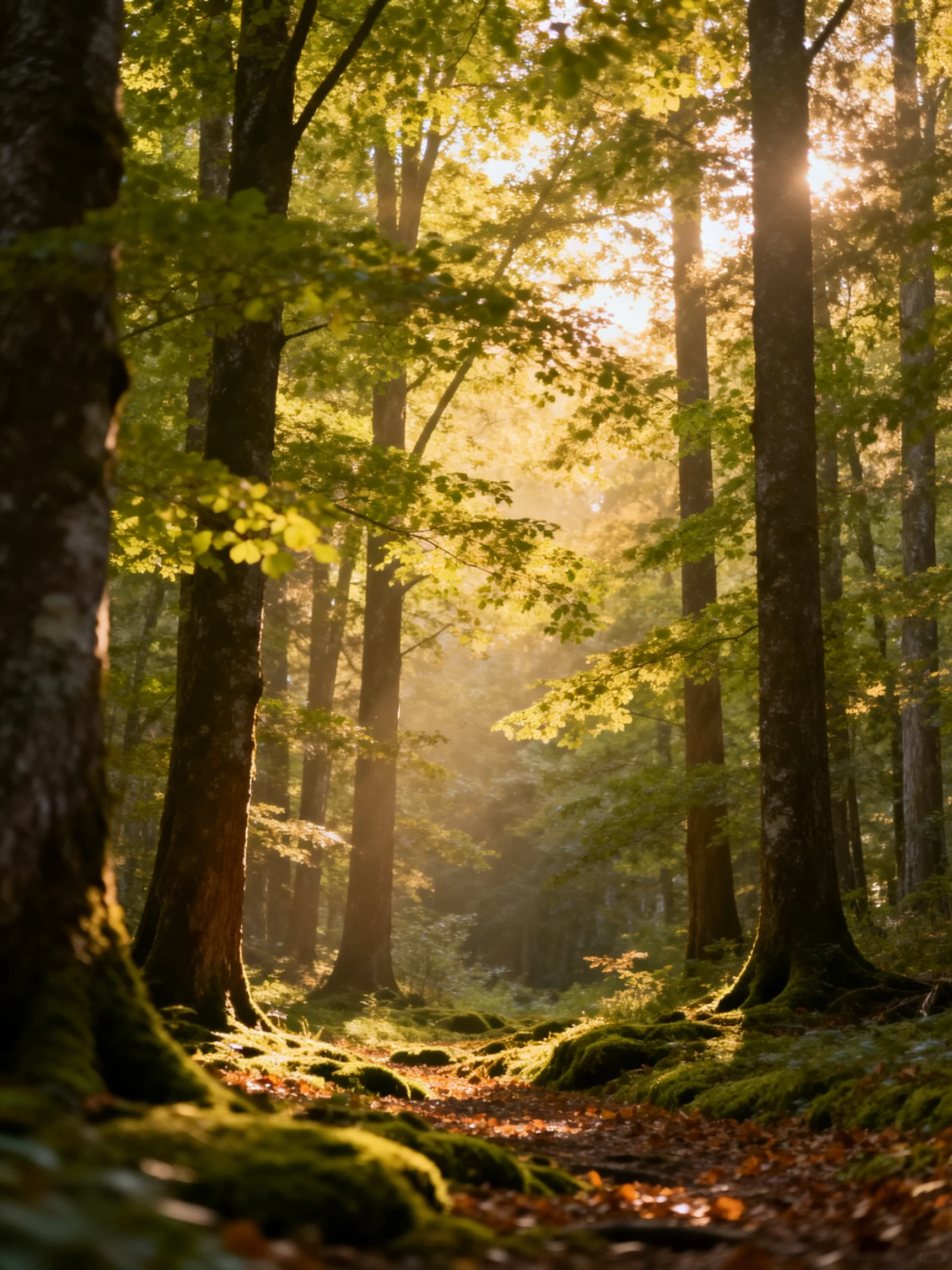 Sunlight streams through tall forest trees with moss-draped trunks and leaf-strewn path