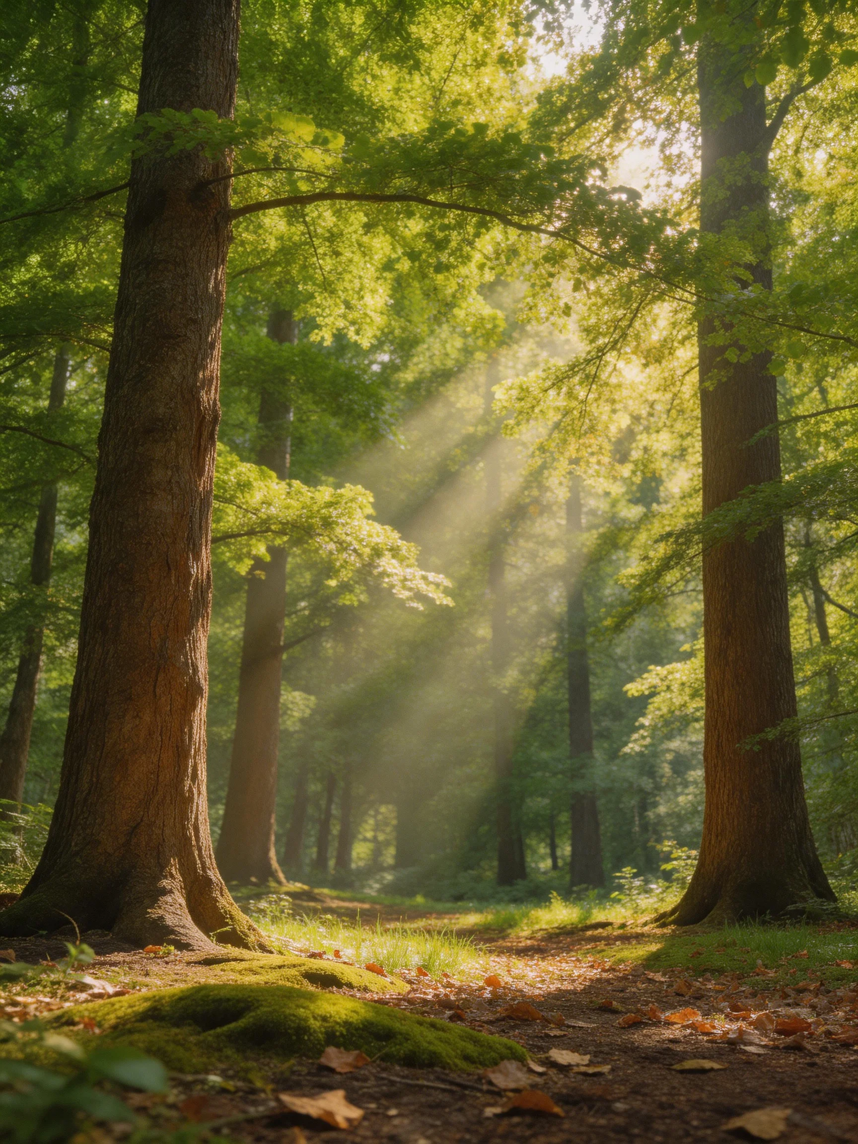 Sunlight streams through tall green forest trees with mossy ground