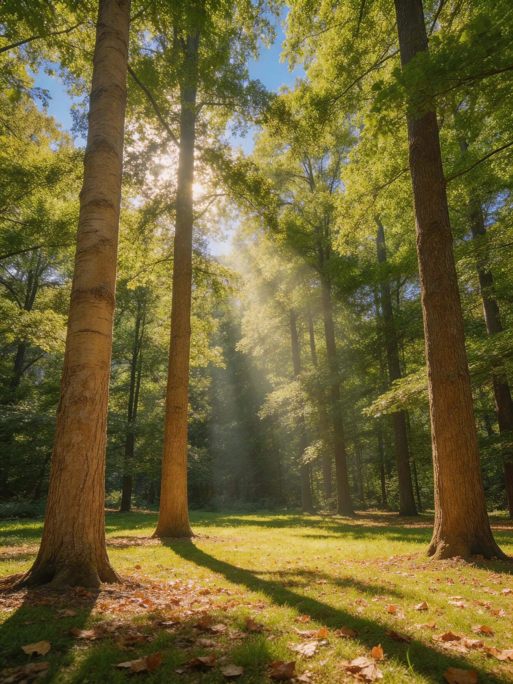 Sunlight streams through tall green trees in a serene forest clearing.