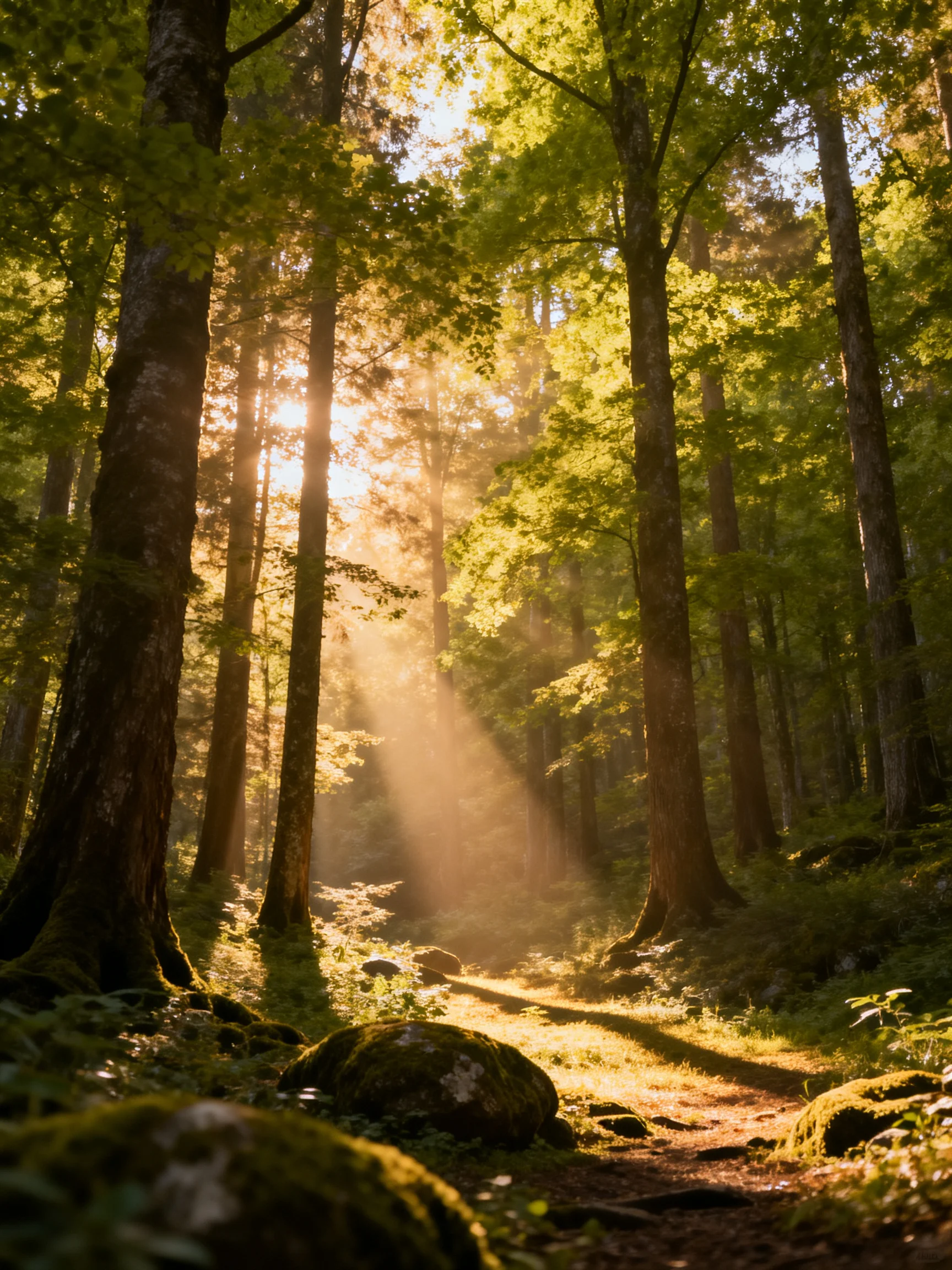 Sunlight streams through tall green trees on a mossy forest trail