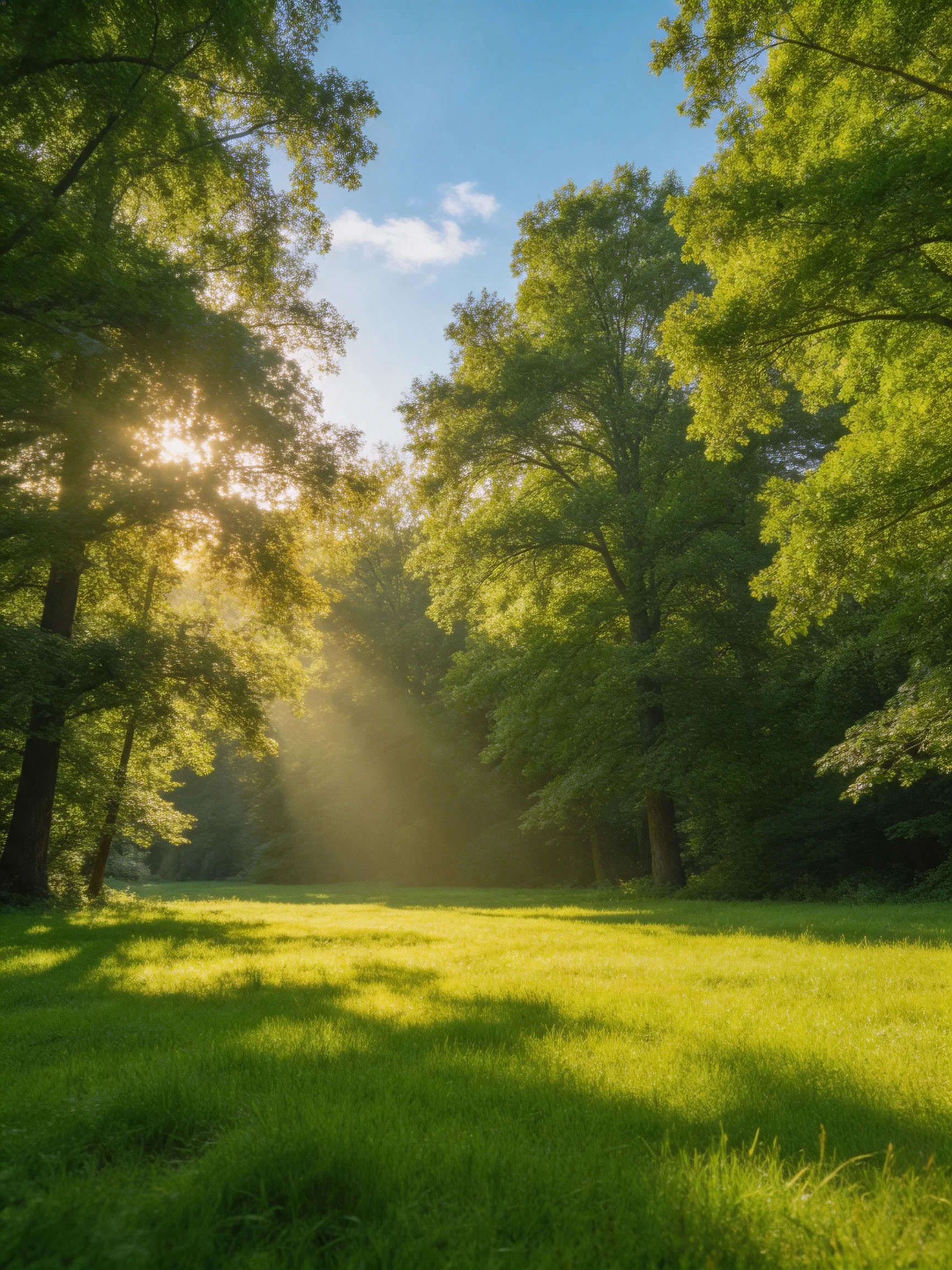 Sunlight streams through tall green trees onto a lush meadow