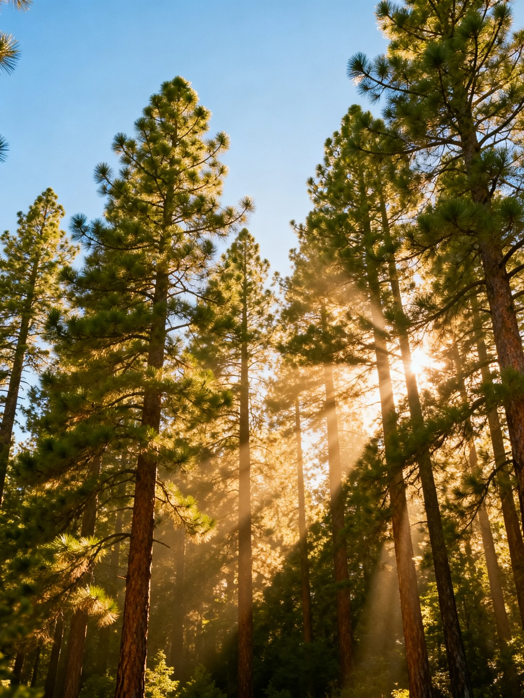 Sunlight streams through tall pine trees in a forest clearing