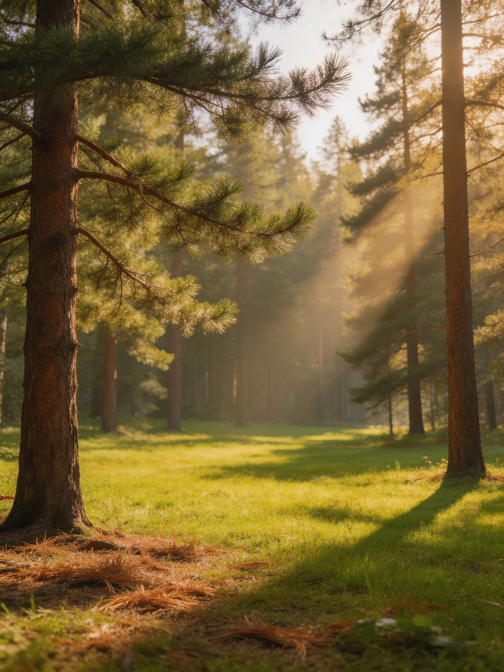 Sunlight streams through tall pine trees into a misty forest clearing