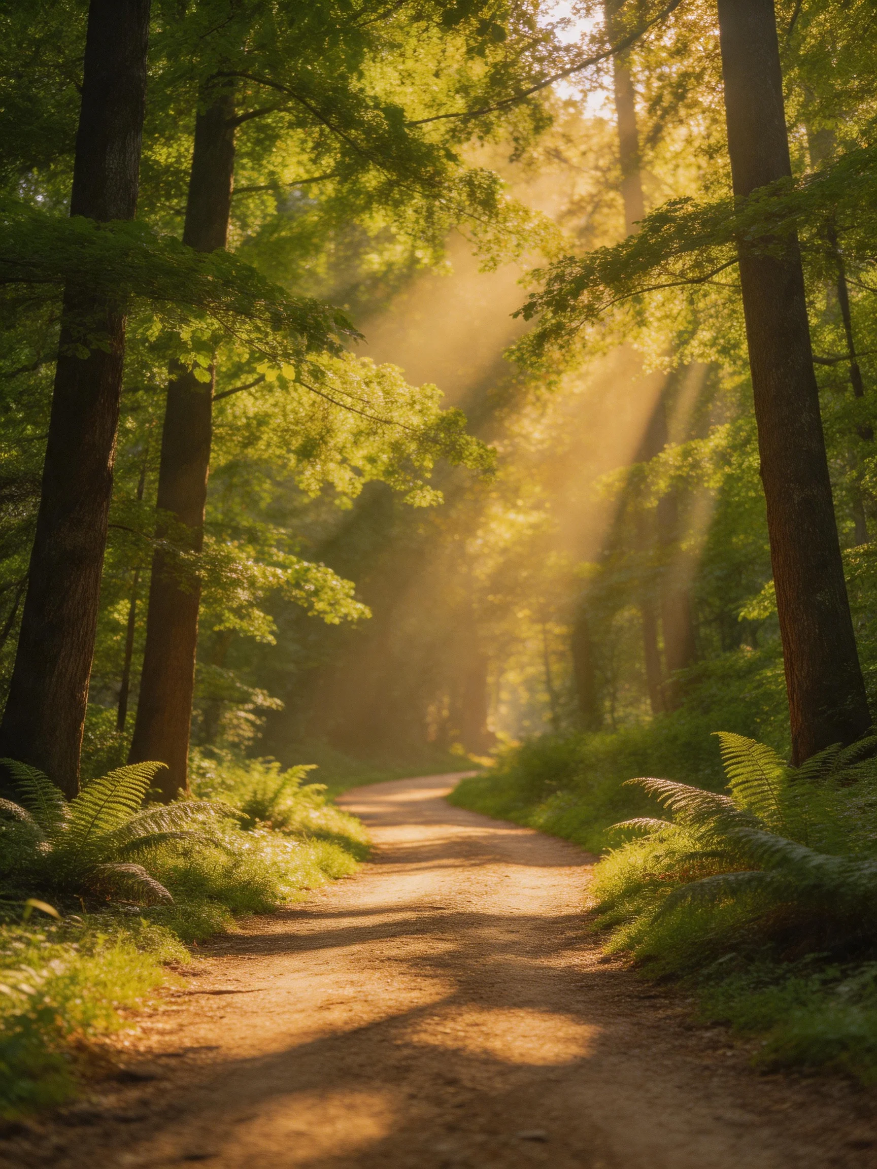 Sunlight streams through tall trees along a winding dirt path