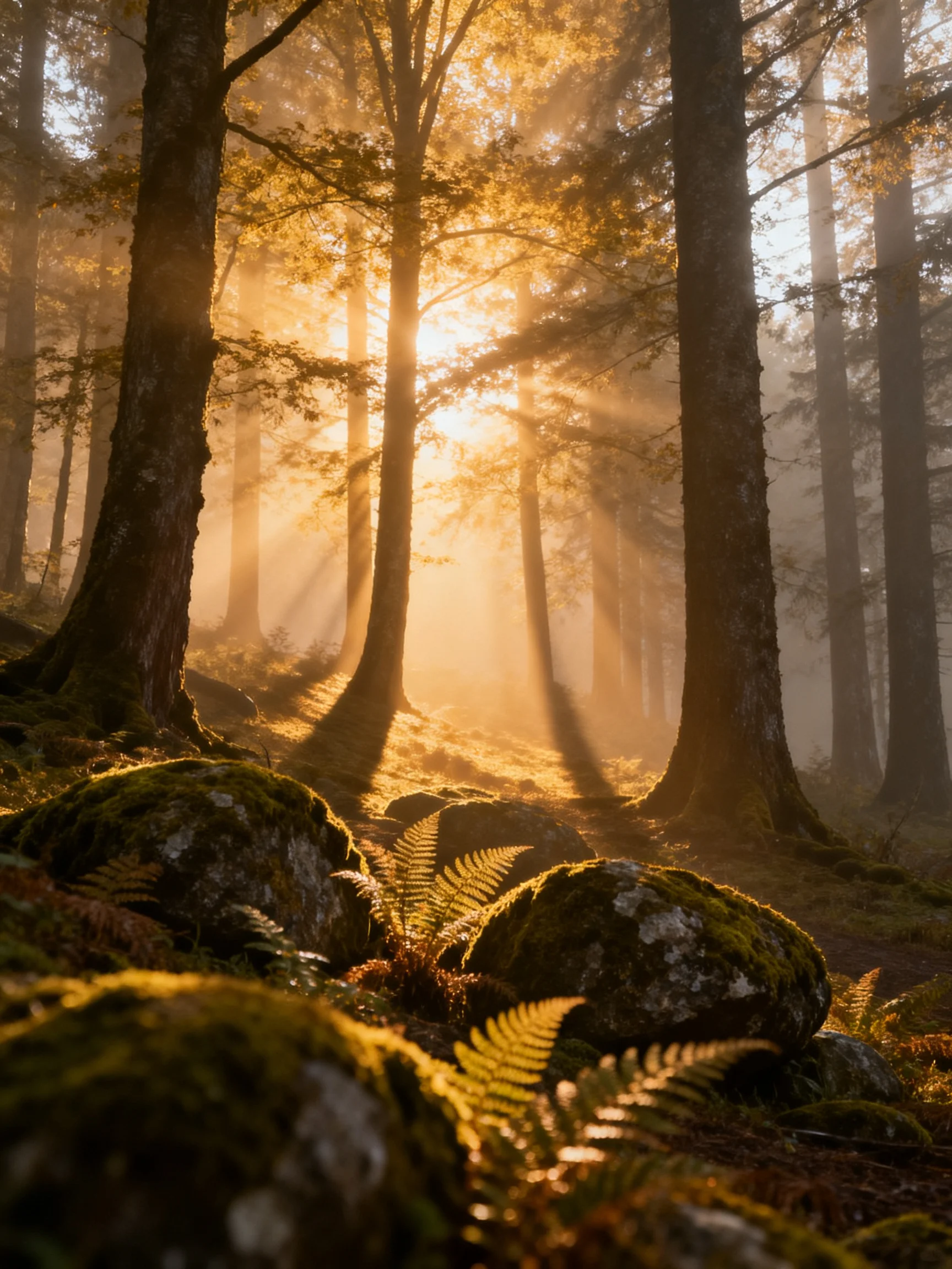 Sunlight streams through tall trees in a misty forest with moss-covered rocks
