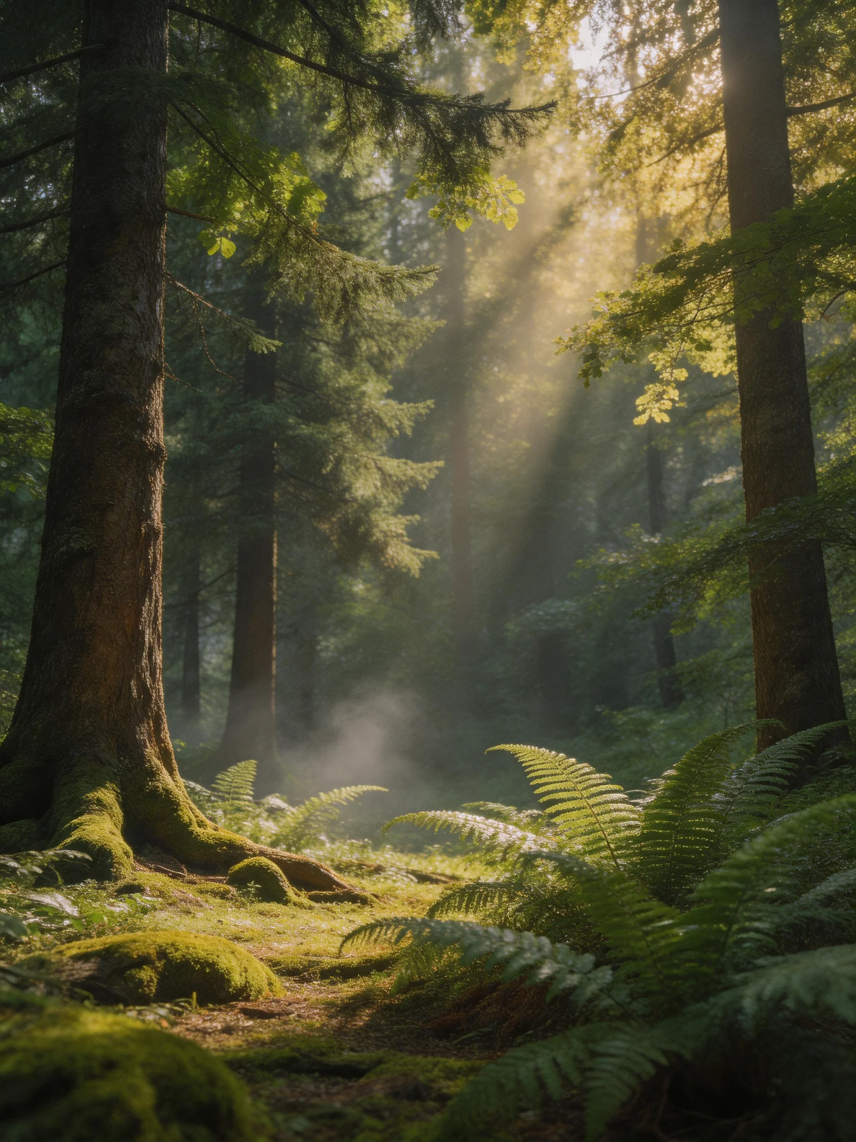 Sunlight streams through tall trees in a moss-covered, misty forest