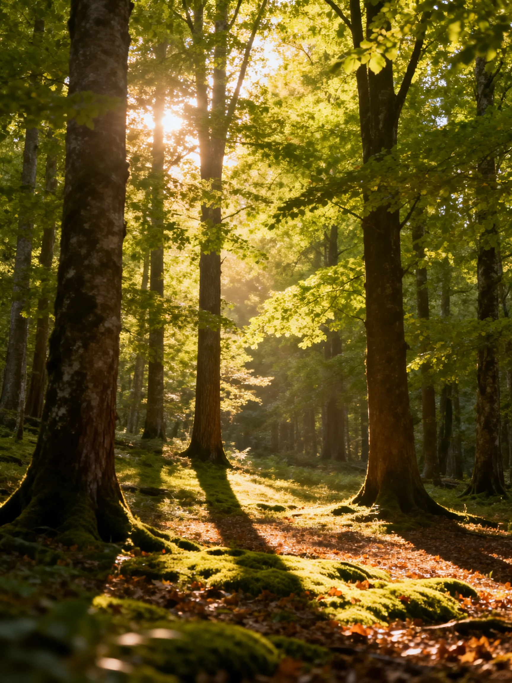 Sunlight streams through tall trees in a mossy forest glade