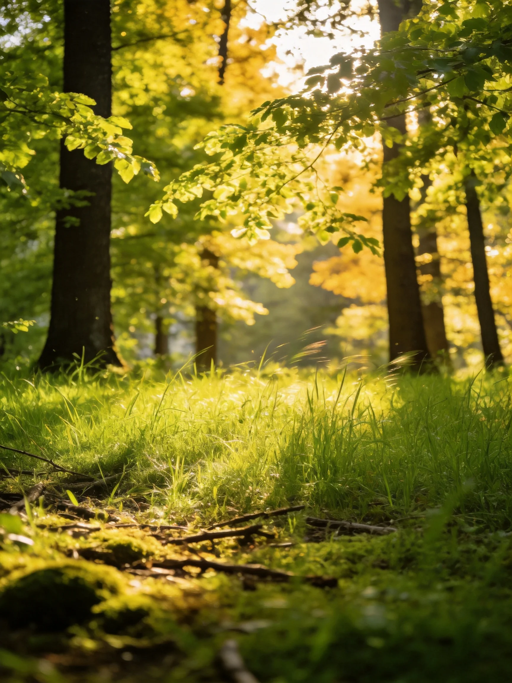 Sunlight streams through tall trees into a lush forest glade