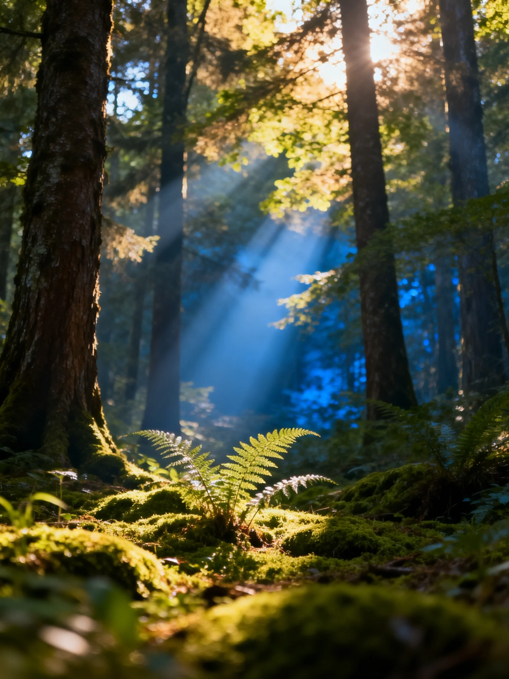 Sunlight streams through tall trees into a mossy forest clearing
