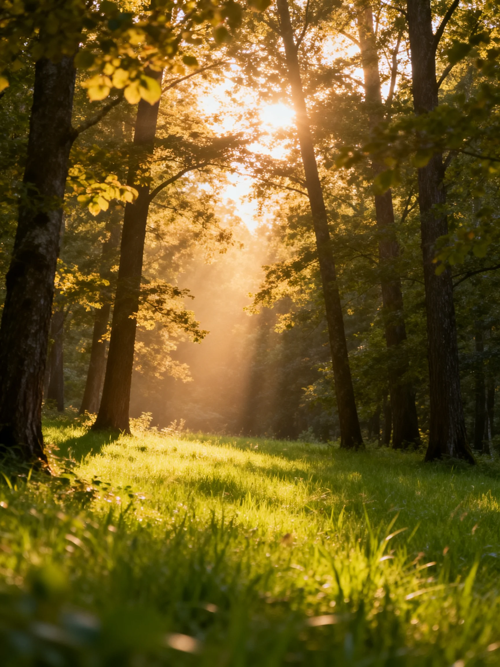 Sunlight streams through tall trees onto lush green grass