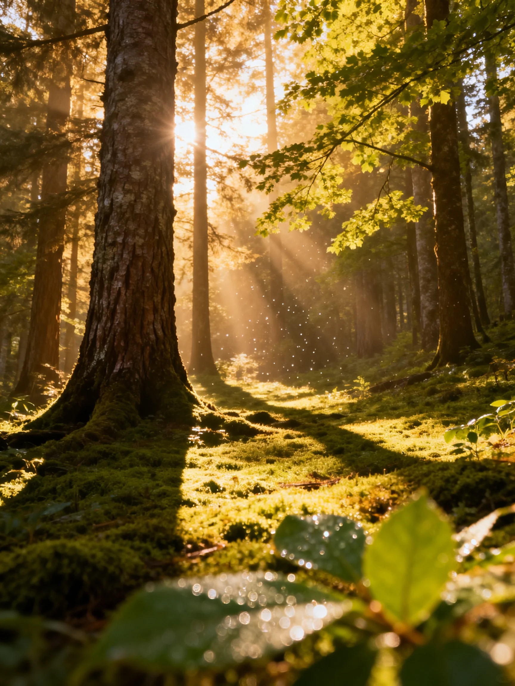 Sunlight streams through tall trees onto mossy forest floor