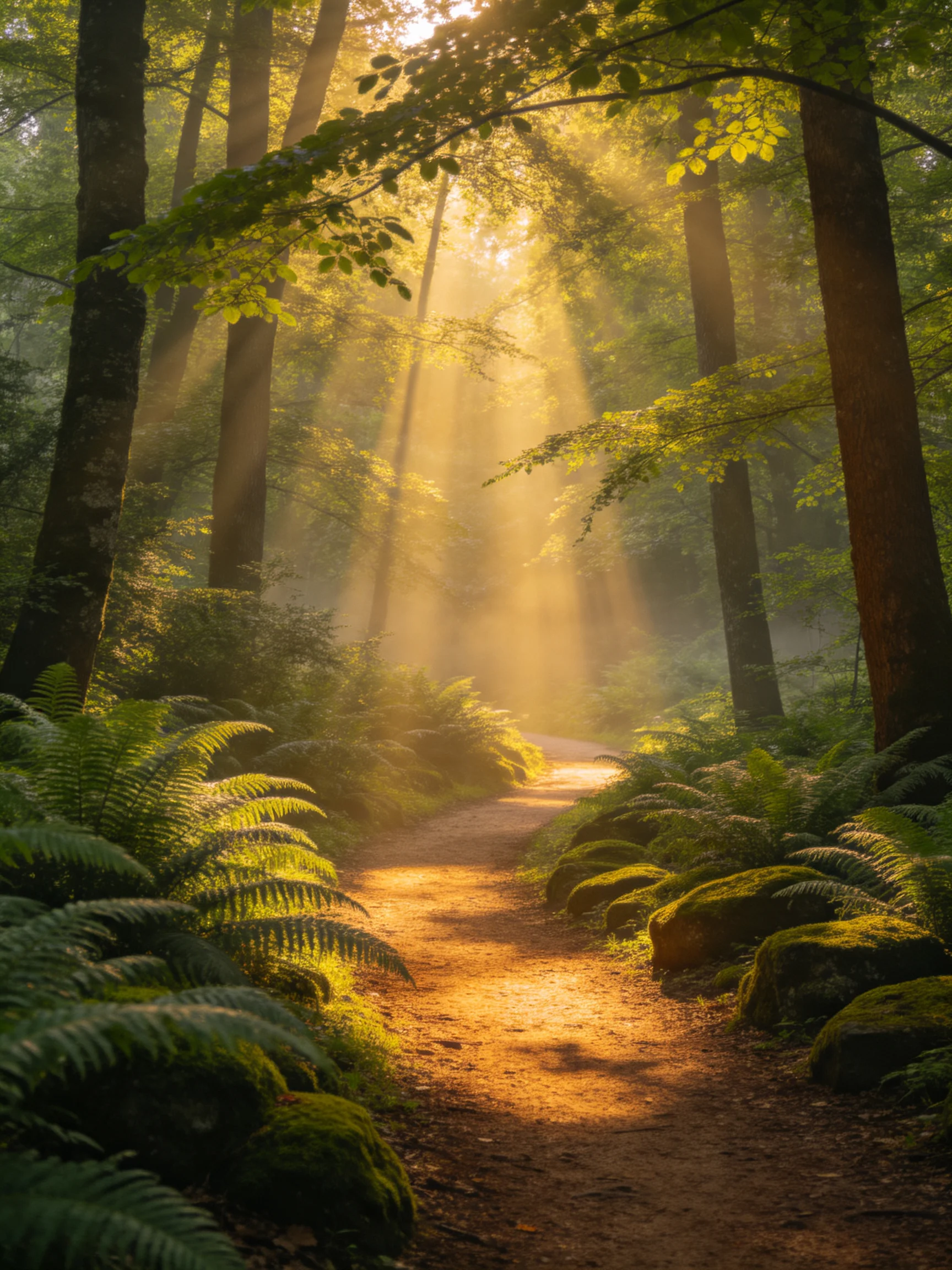 Sunlight streams through tall trees over a moss - covered forest path