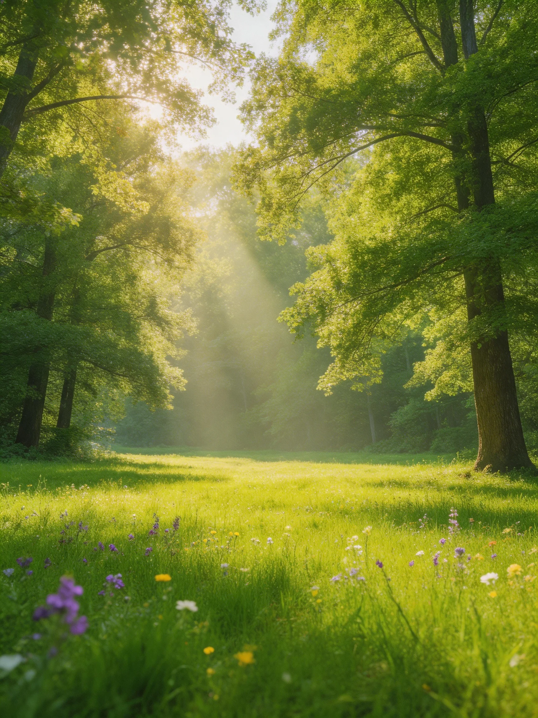 Sunlight streams through tall trees over a vibrant flower-filled meadow