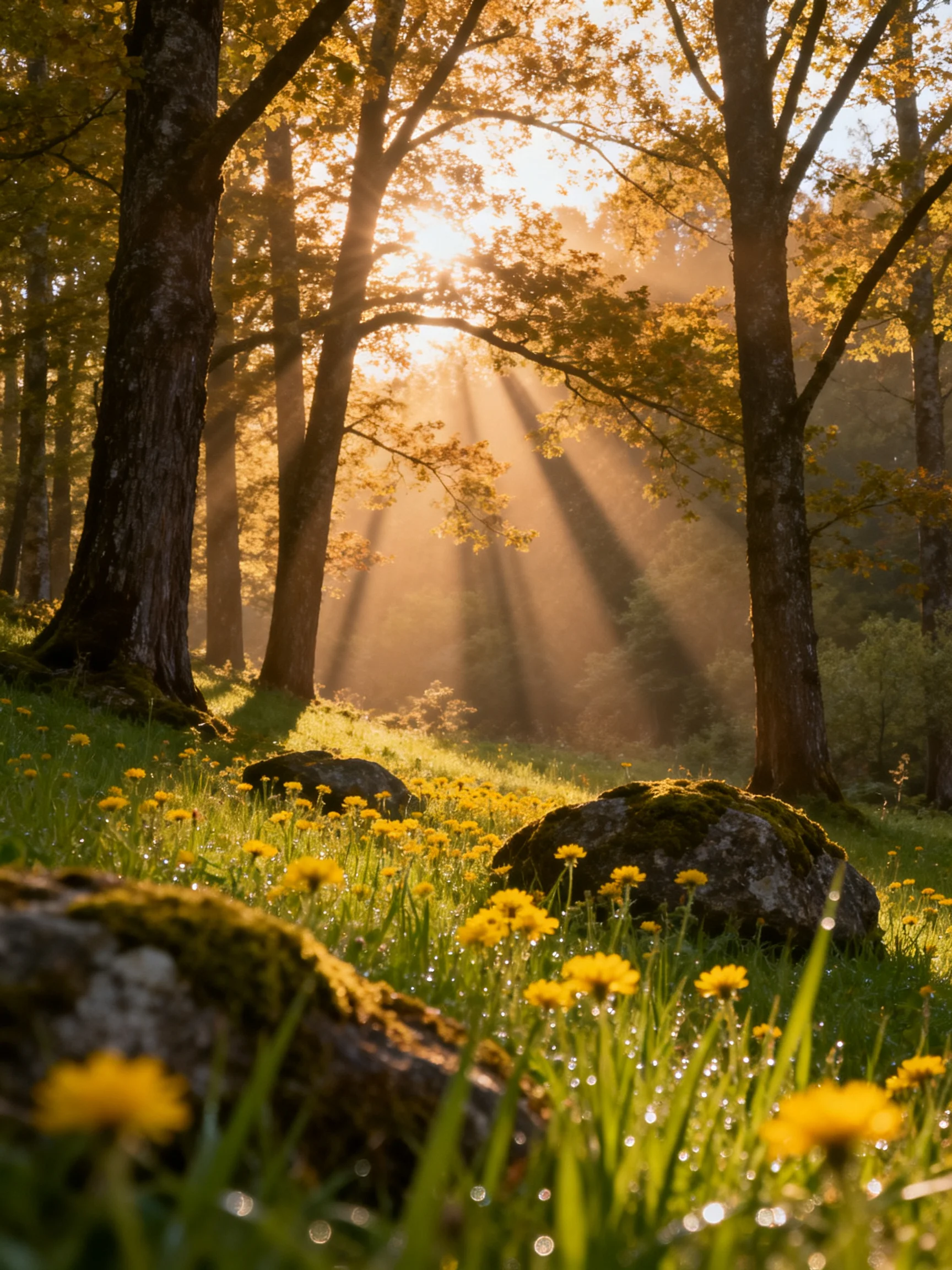 Sunlight streams through tall trees over mossy rocks and yellow wildflowers
