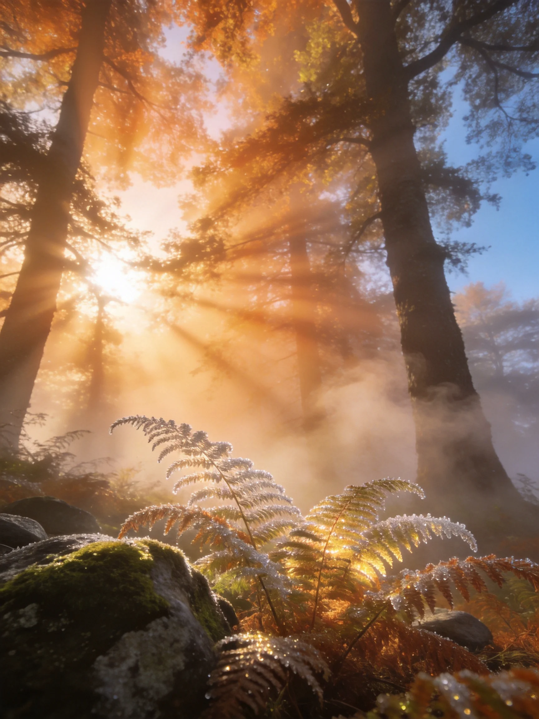 Sunlight streams through tall trees with frost-covered ferns andmorning mist