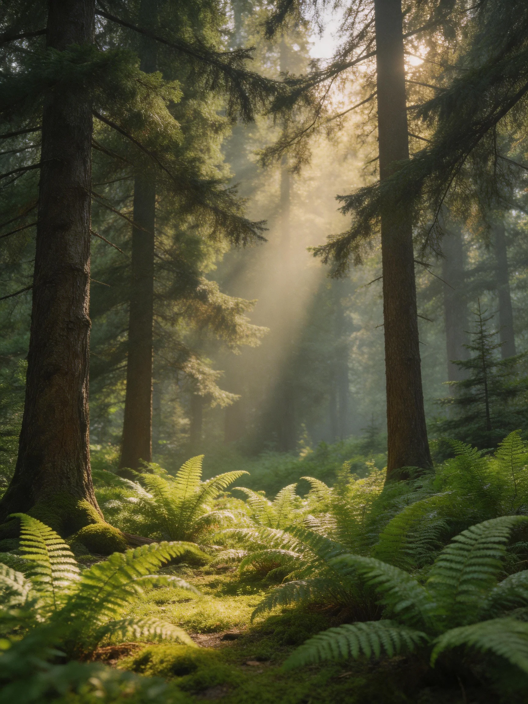 Sunlight streams through towering evergreens into a fern-draped forest glade