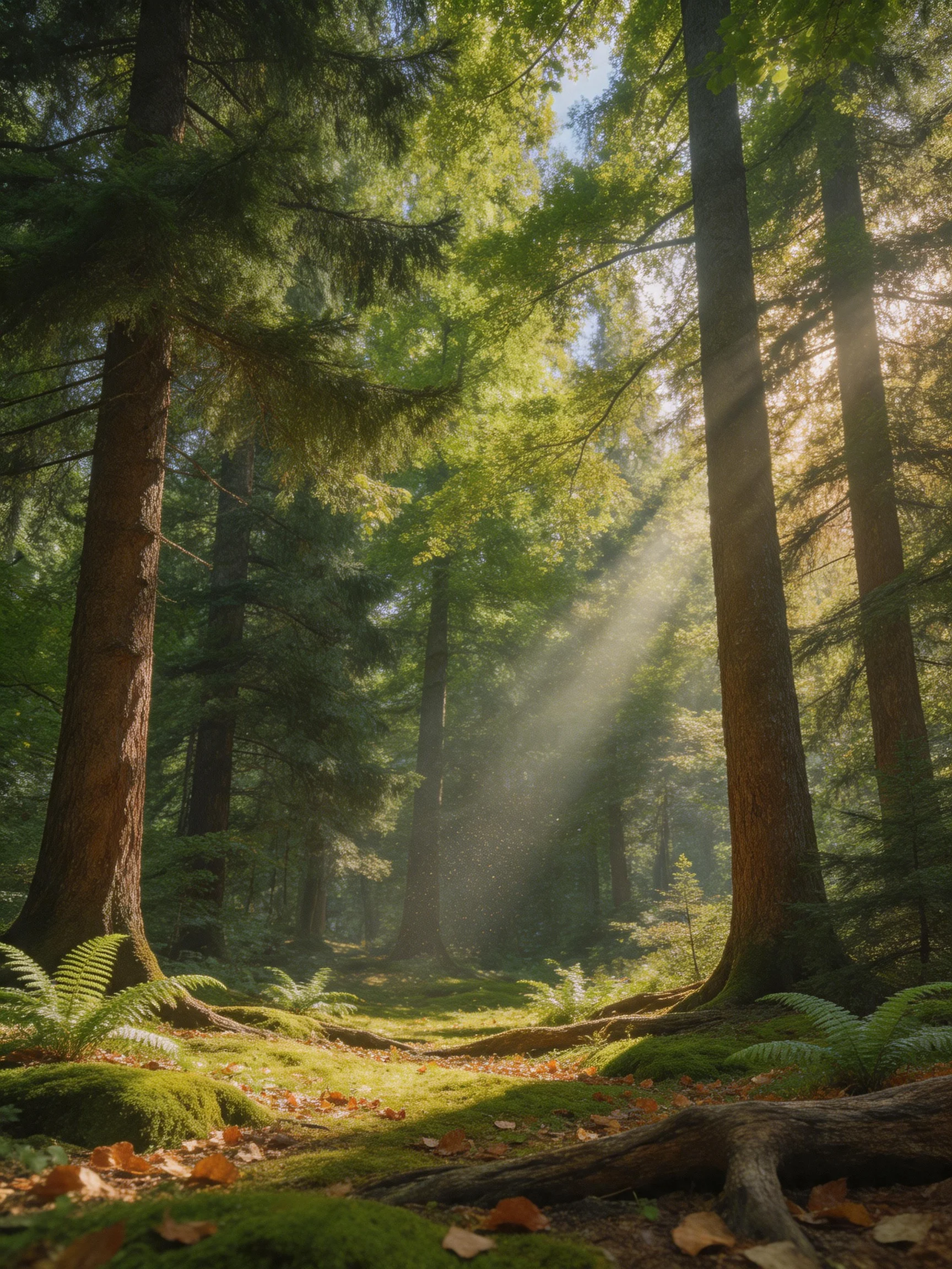 Sunlight streams through towering evergreens into a moss-covered forest glade