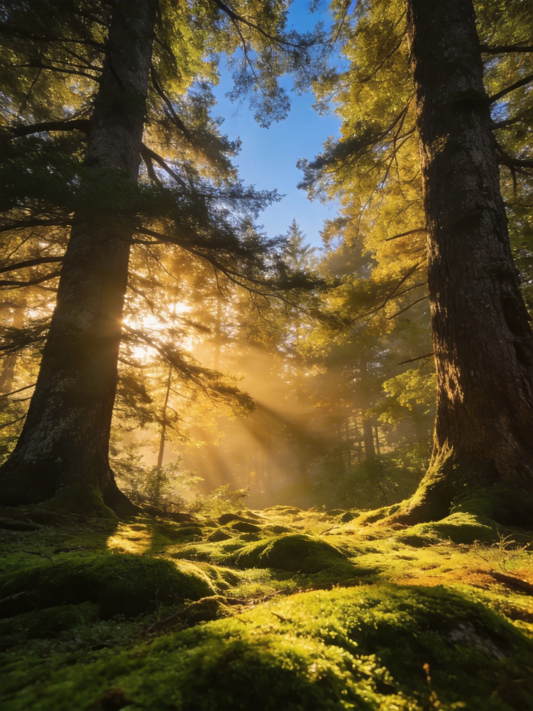 Sunlight streams through towering forest trees on mossy terrain