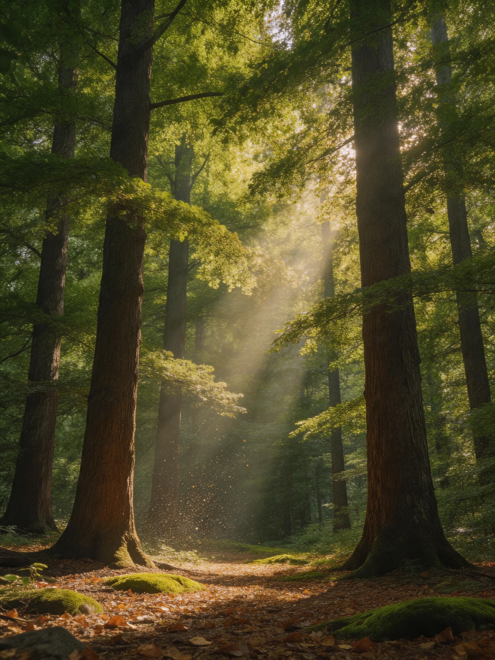Sunlight streams through towering green trees over a misty forest path