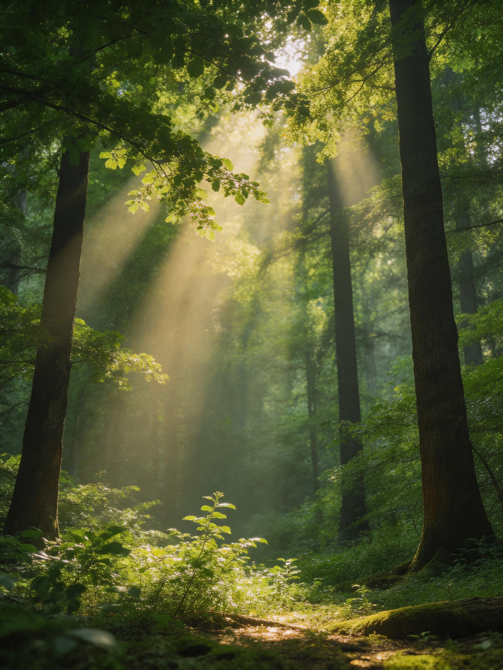 Sunlight streams through towering trees in a lush green forest