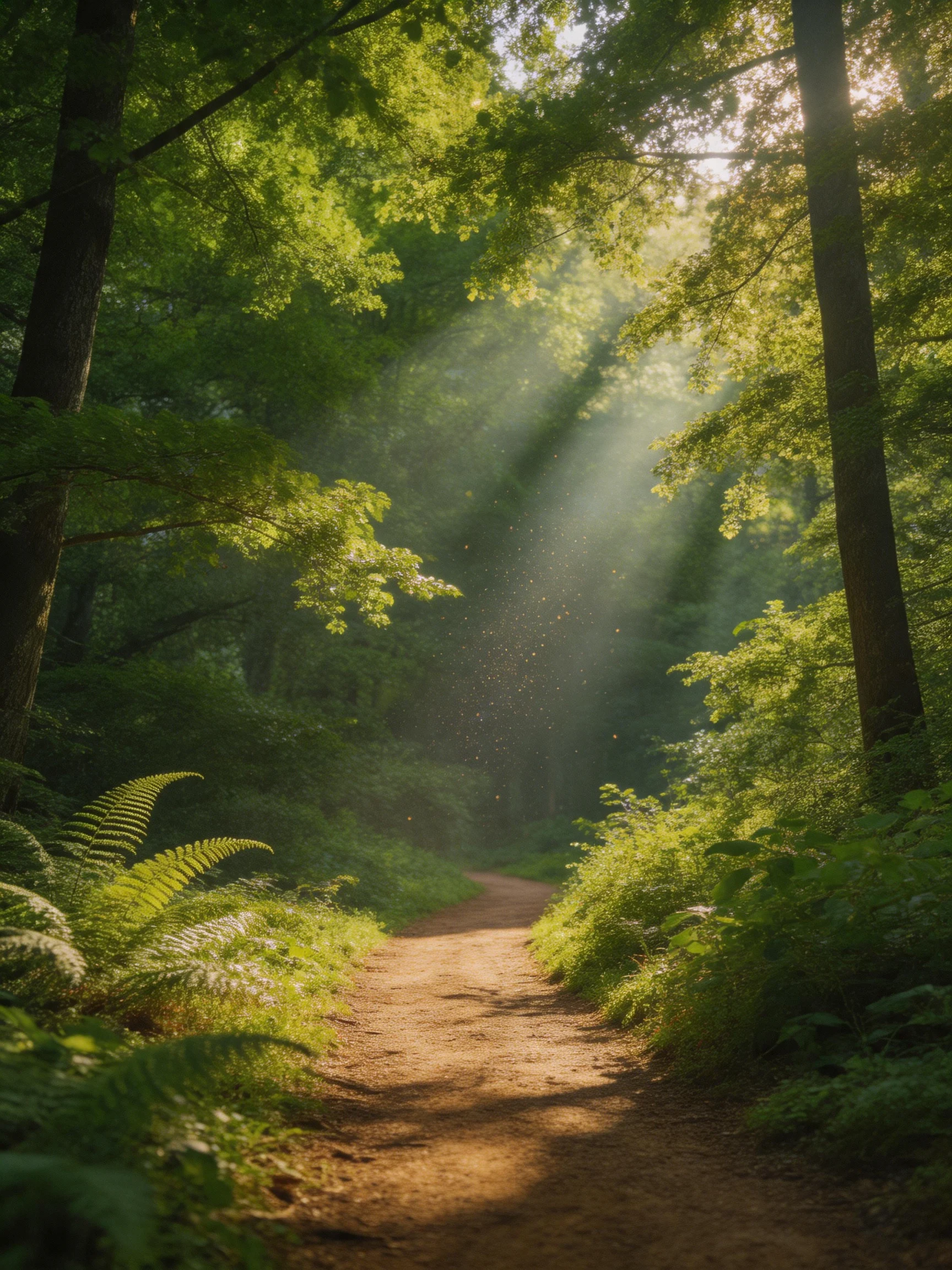 Sunlight streams through verdant trees onto a narrow dirt trail