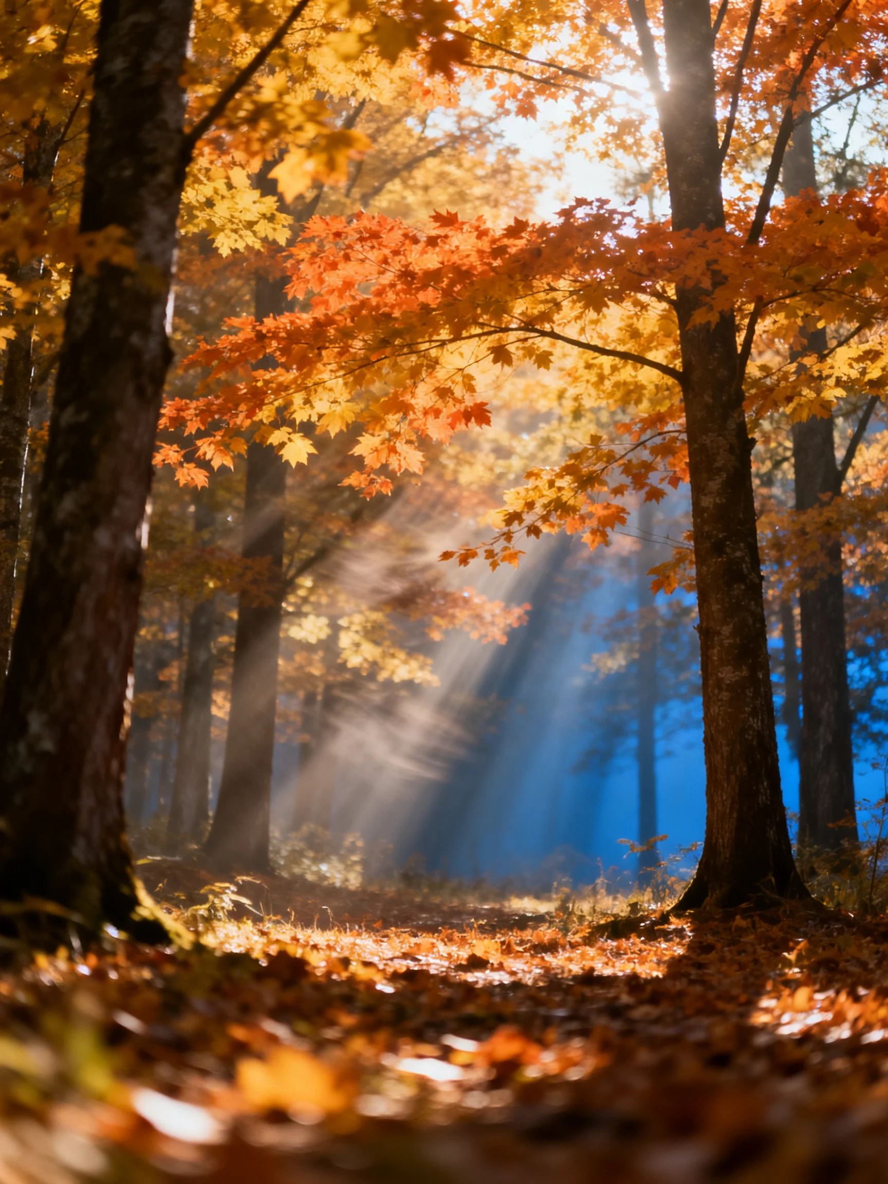 Sunlight streams through vibrant fall foliage in a misty forest