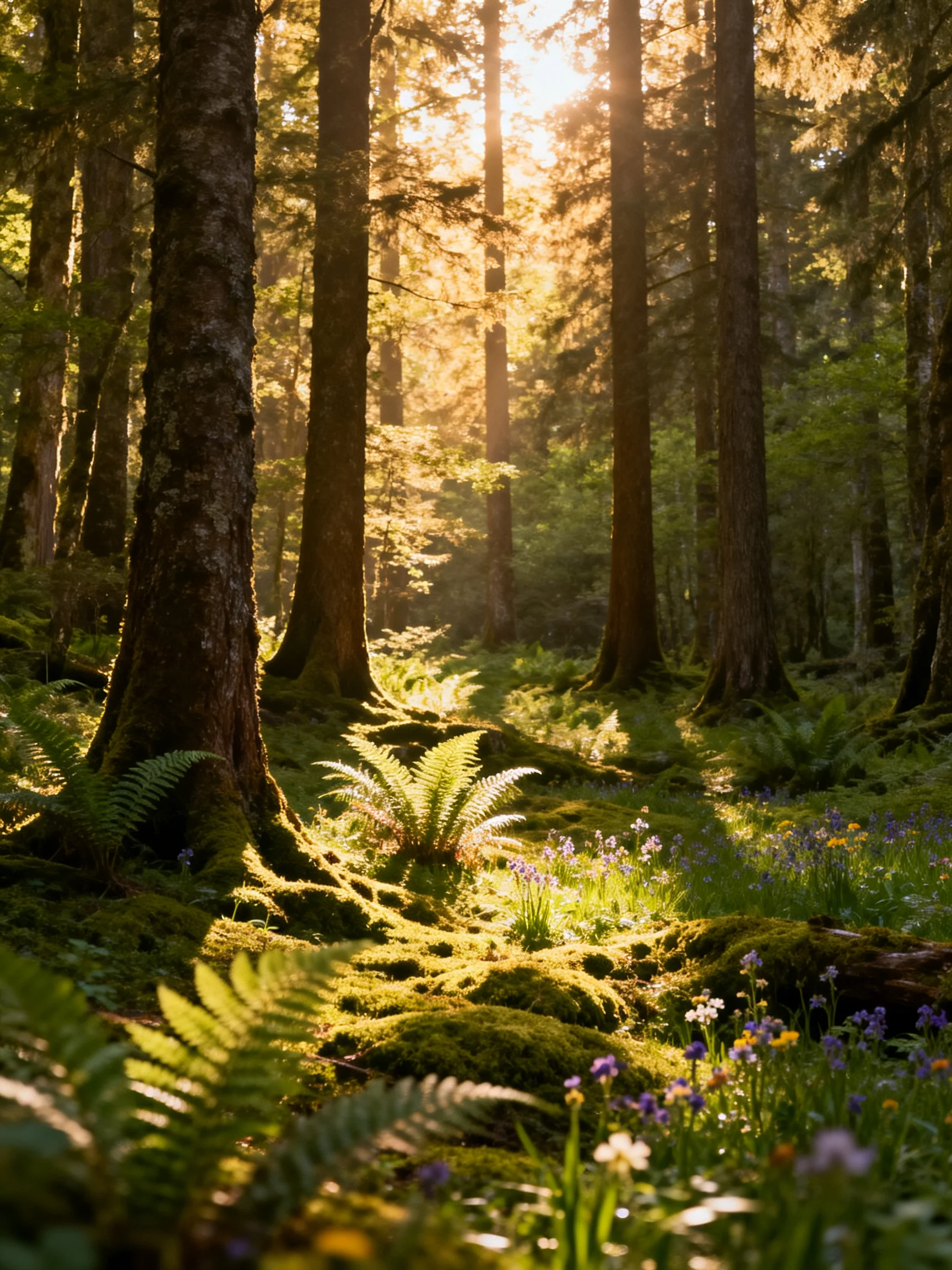 Sunlit Ancient Forest with Moss-Covered Trees and Ferns