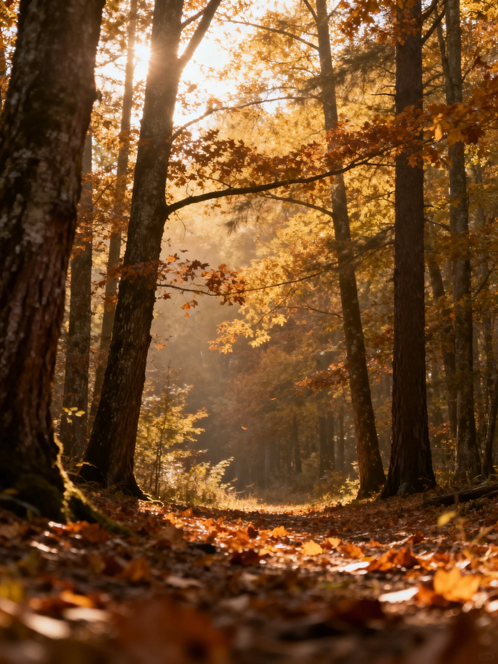 Sunlit Autumn Forest Path With Golden Foliage and Tall Trees