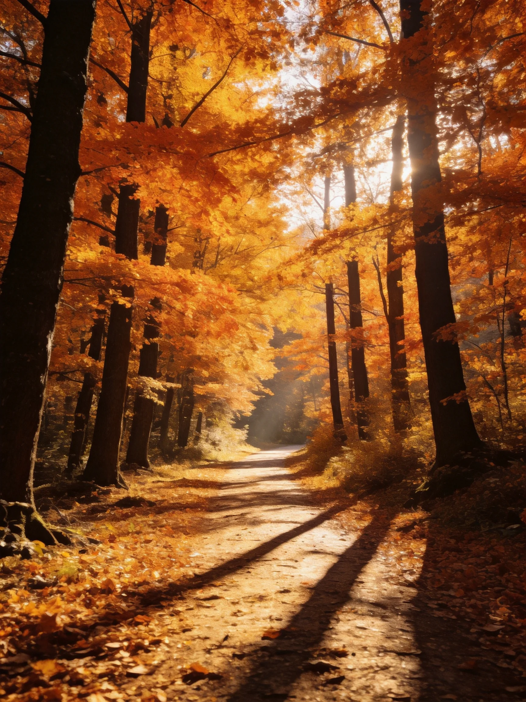 Sunlit Autumn Forest Path With Golden Orange Foliage