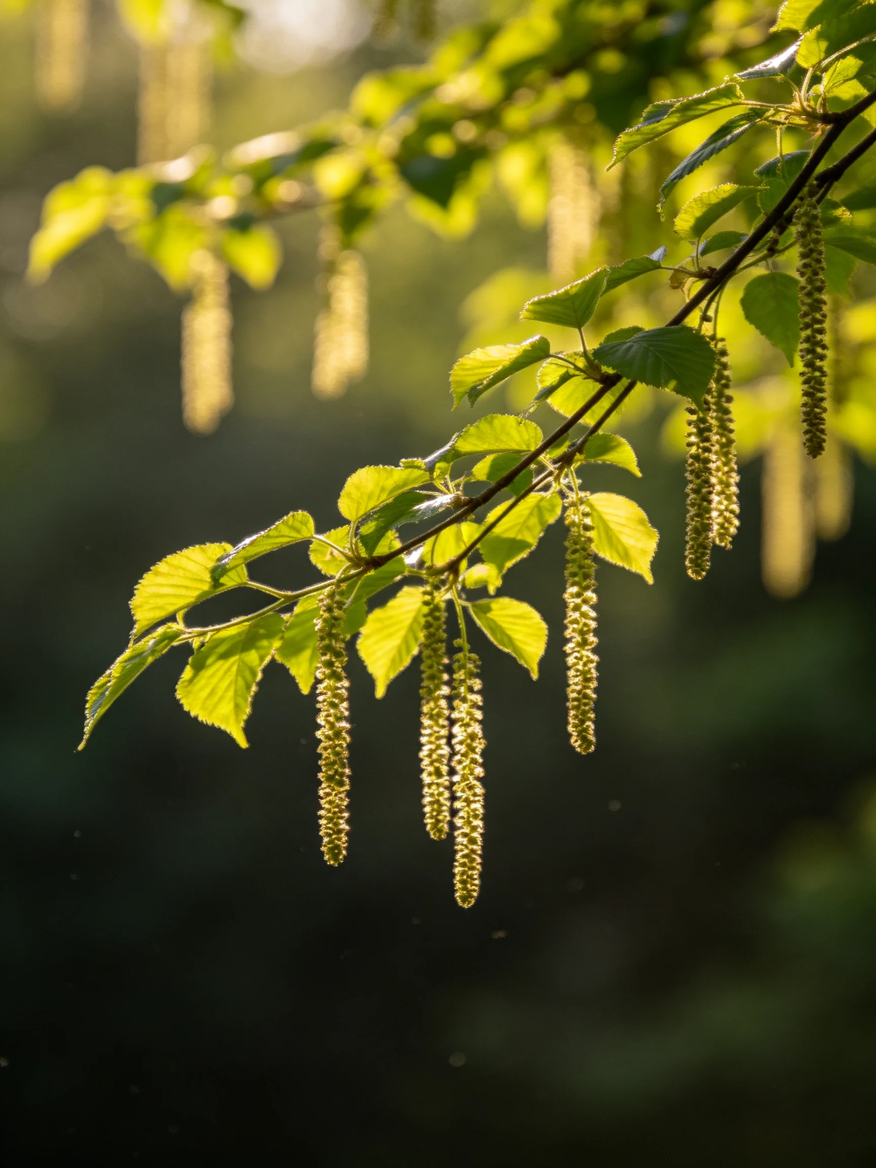 Sunlit Branches with Vibrant Green Leaves and Hanging Catkins