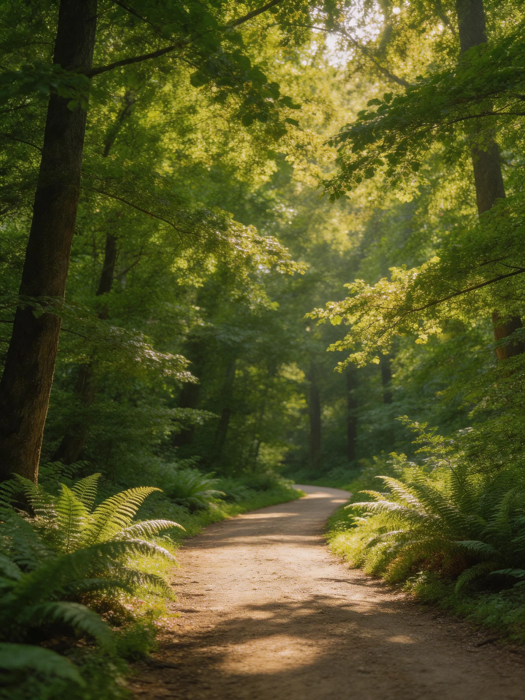 Sunlit Dirt Path Through Lush Green Forest With Ferns