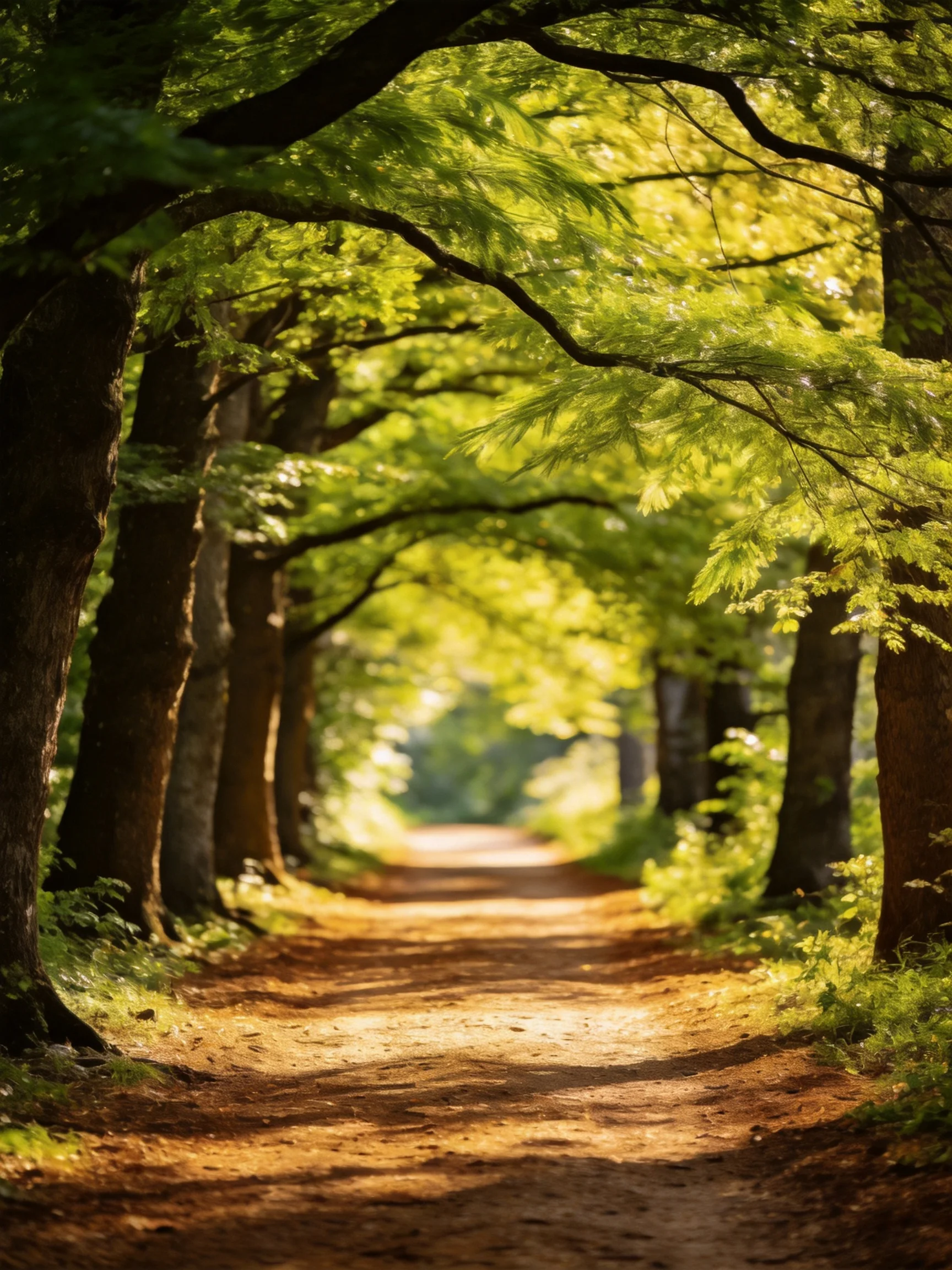 Sunlit Dirt Path Through Lush Green Tree Canopy