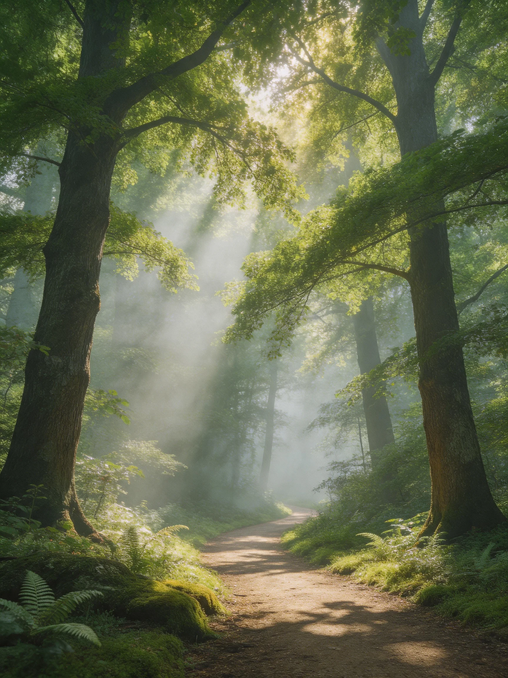 Sunlit Dirt Path Through Misty Forest With Towering Trees