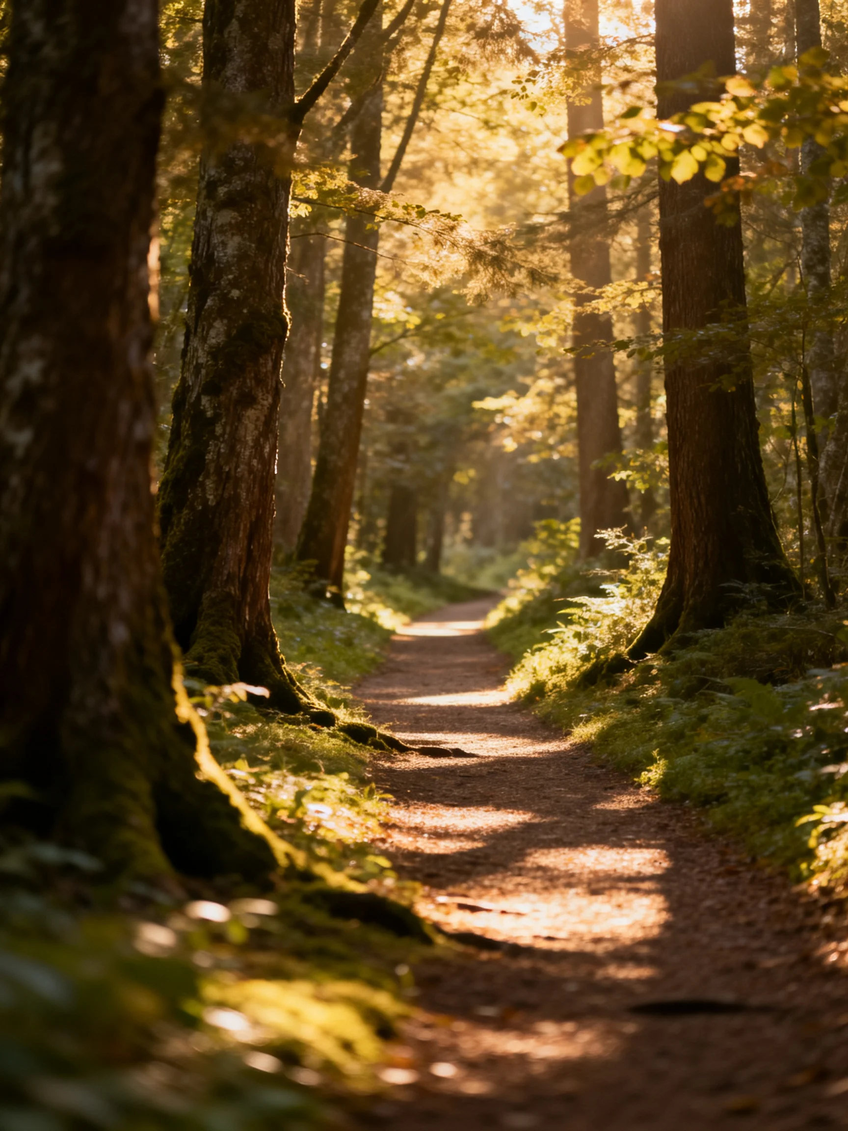 Sunlit Dirt Trail Through Dense Forest with Tall Trees