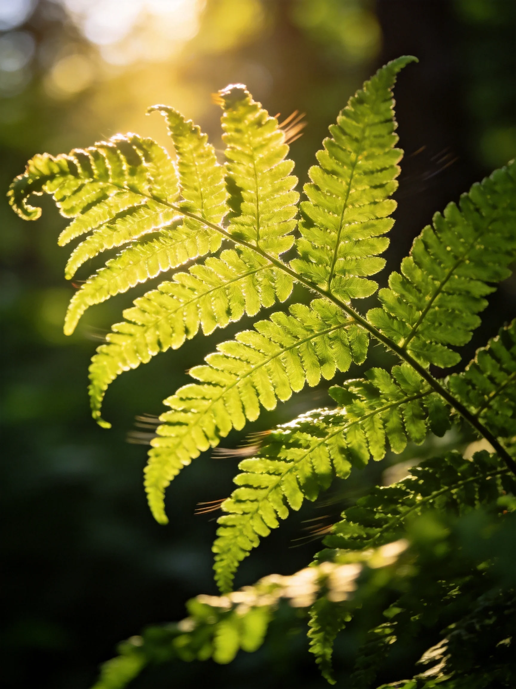 Sunlit Fern Fronds with Vibrant Green and Golden Highlights