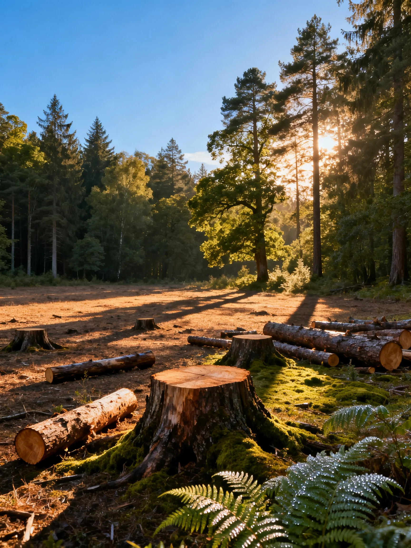 Sunlit Forest Clearing with Cut Tree Stumps and Logs