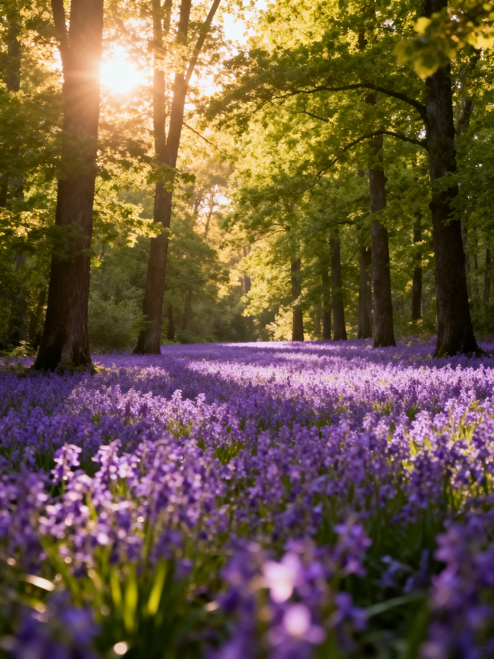 Sunlit Forest Floor Blanketed in Purple Flowers