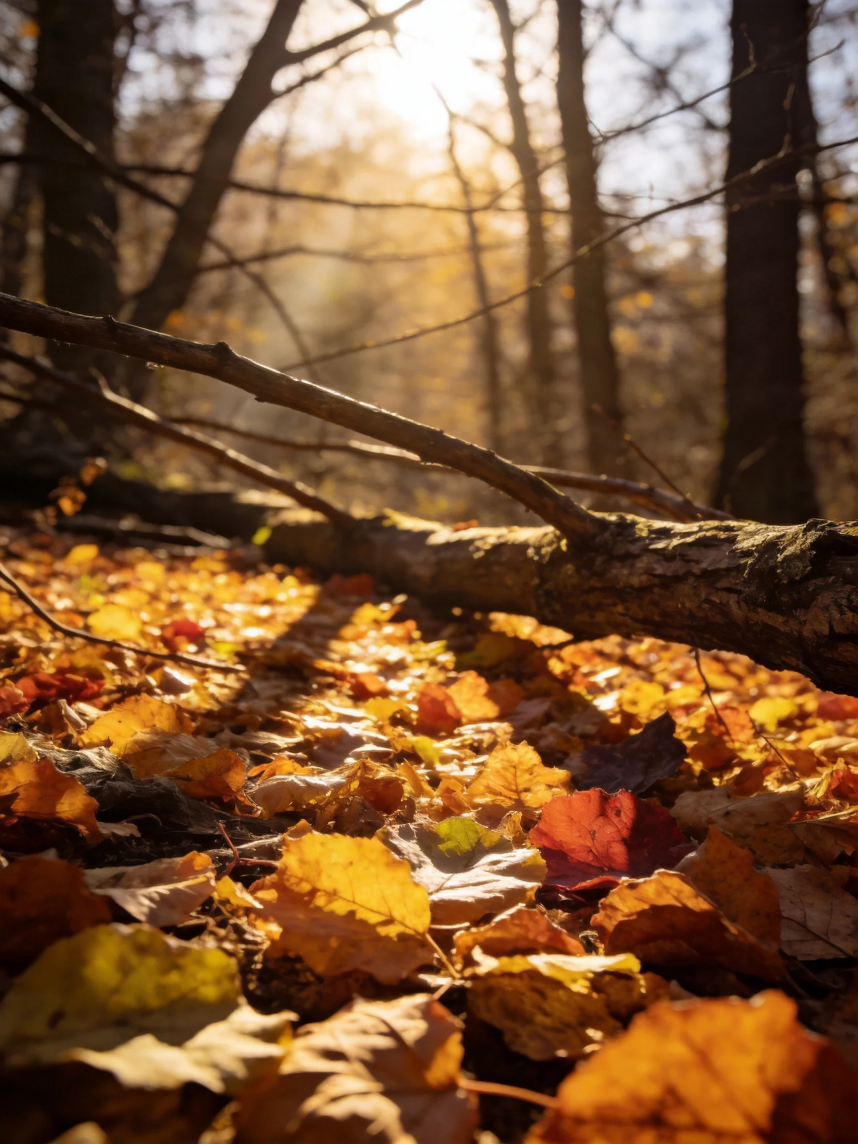 Sunlit Forest Floor with Golden Autumn Leaves and Fallen Branch